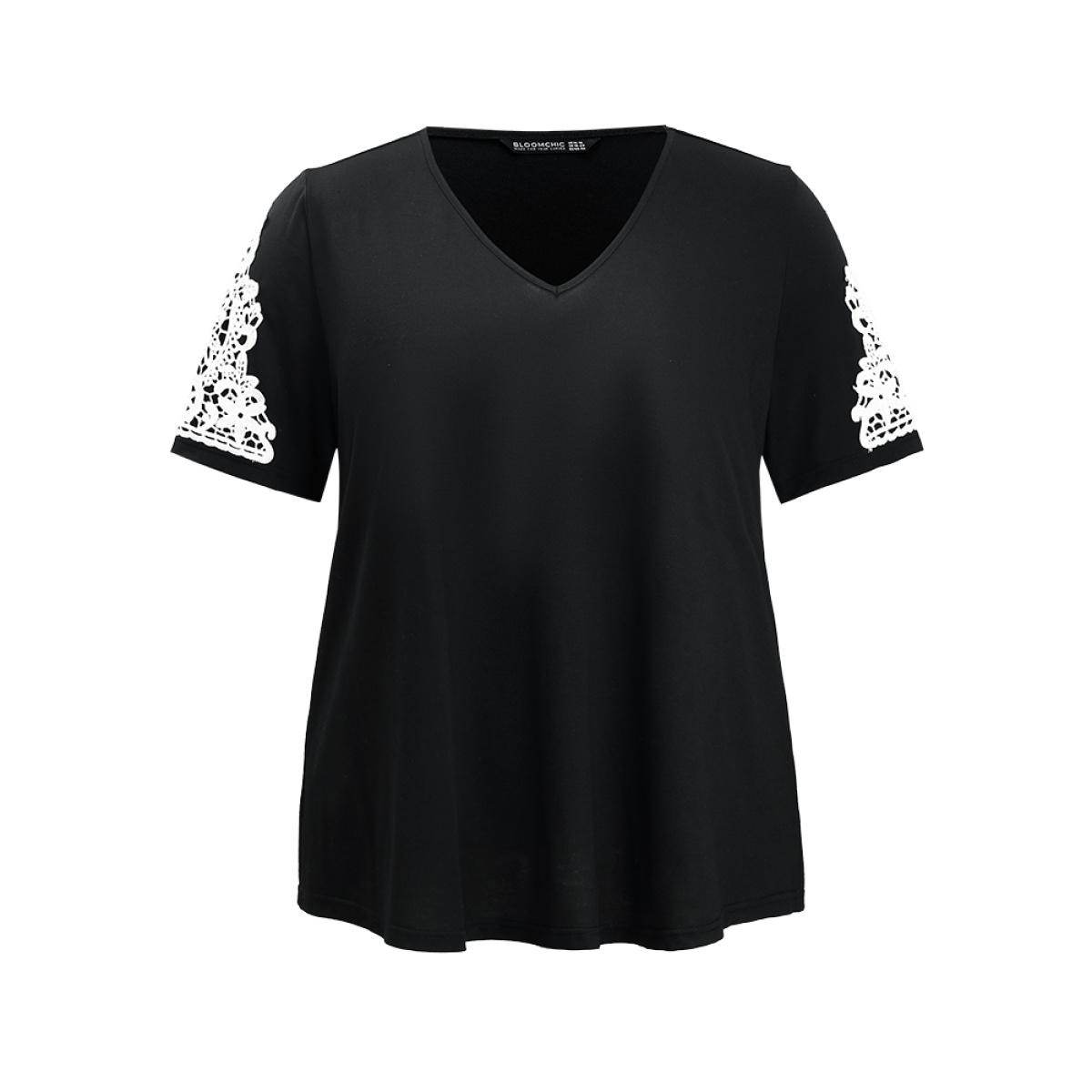 Plus Size Plain Contrast Lace V Neck T-shirt Black Women Elegant Lace Plain V-neck Dailywear T-shirts BloomChic 30/6X Product Image