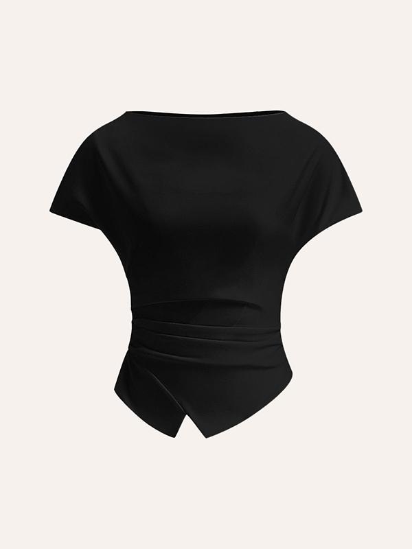 Loose Raglan Sleeve Asymmetric Pleated Solid Color Split-Joint Round-Neck T-Shirts Product Image