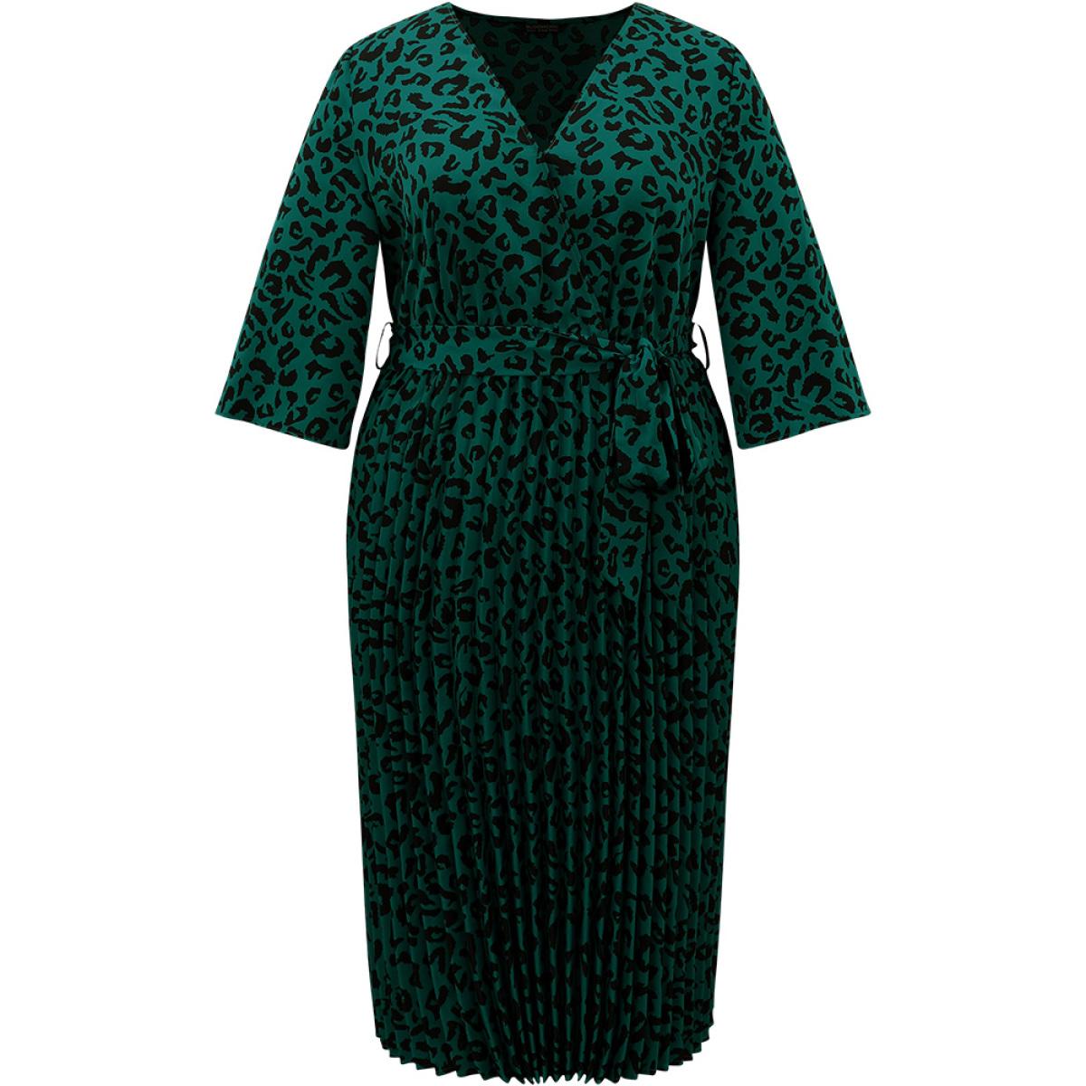 Plus Size Leopard Wrap Elastic Waist Pleated Belted Dress Cyan Women At the Office Wrap Overlap Collar Elbow-length sleeve Curvy Midi Dress BloomChic 12/L Product Image