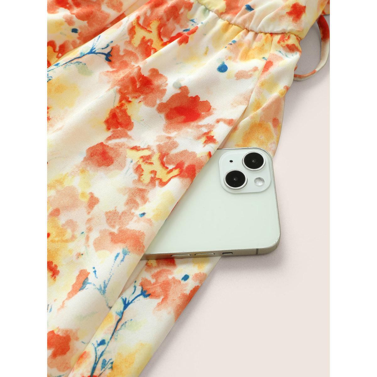 Plus Size Ditsy Floral Elastic Waist Belted Adjustable Straps Dress Coral Women Elegant Non Non Sleeveless Curvy Midi Dress BloomChic 14-16/1X Product Image