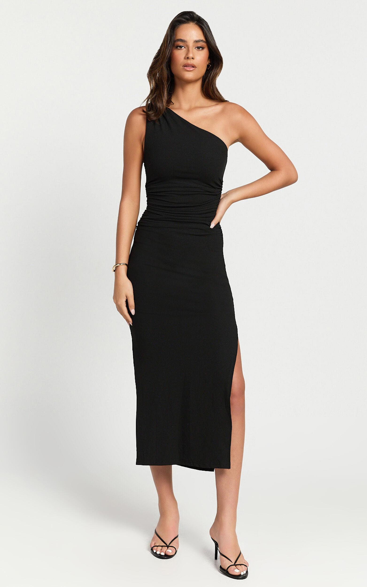 Rae Midi Dress - Ribbed One Shoulder Ruched Dress in Black Product Image