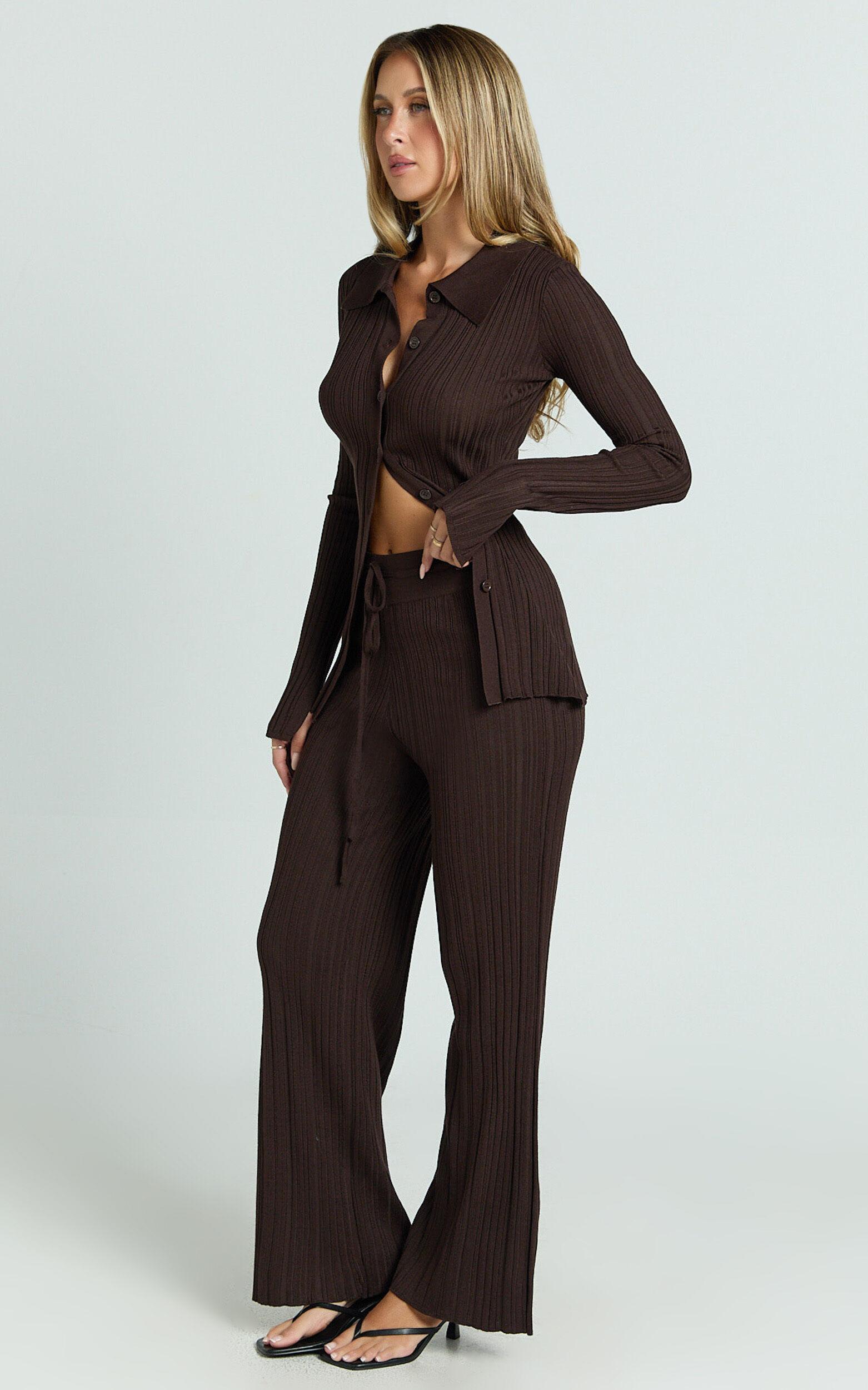 Kelsey Pants - High Drawstring Waist Knit Pants in Chocolate Product Image