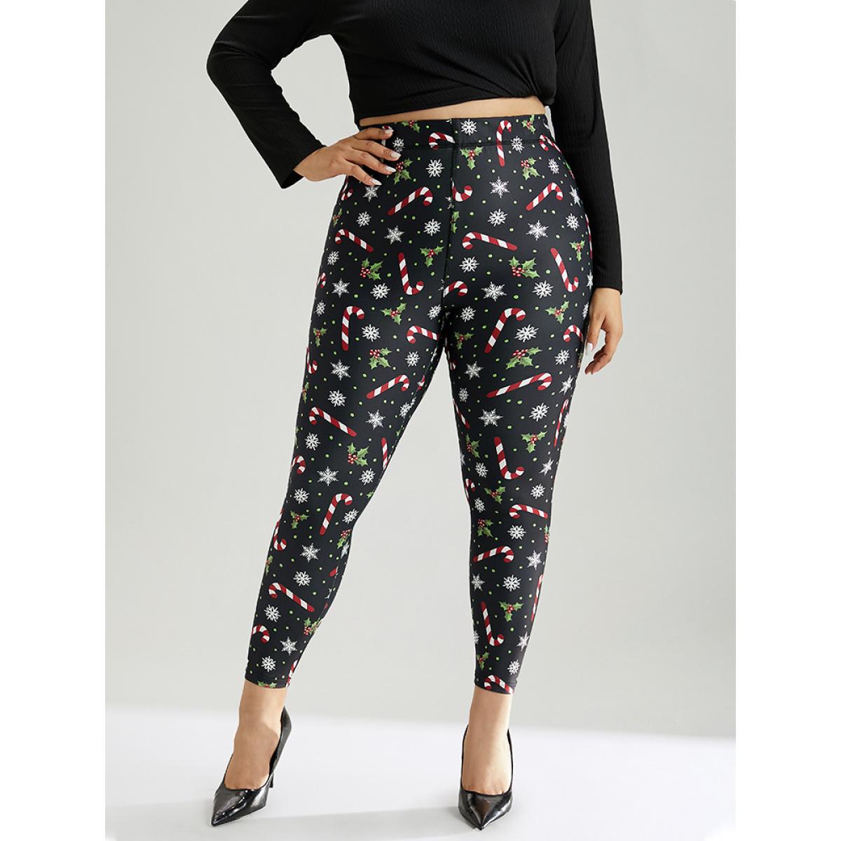 Plus Size Christmas Print Elastic Waist Skinny Leggings Women BlackFlower Casual High stretch Skinny High Rise Festival-Christmas Leggings BloomChic 12/L Product Image