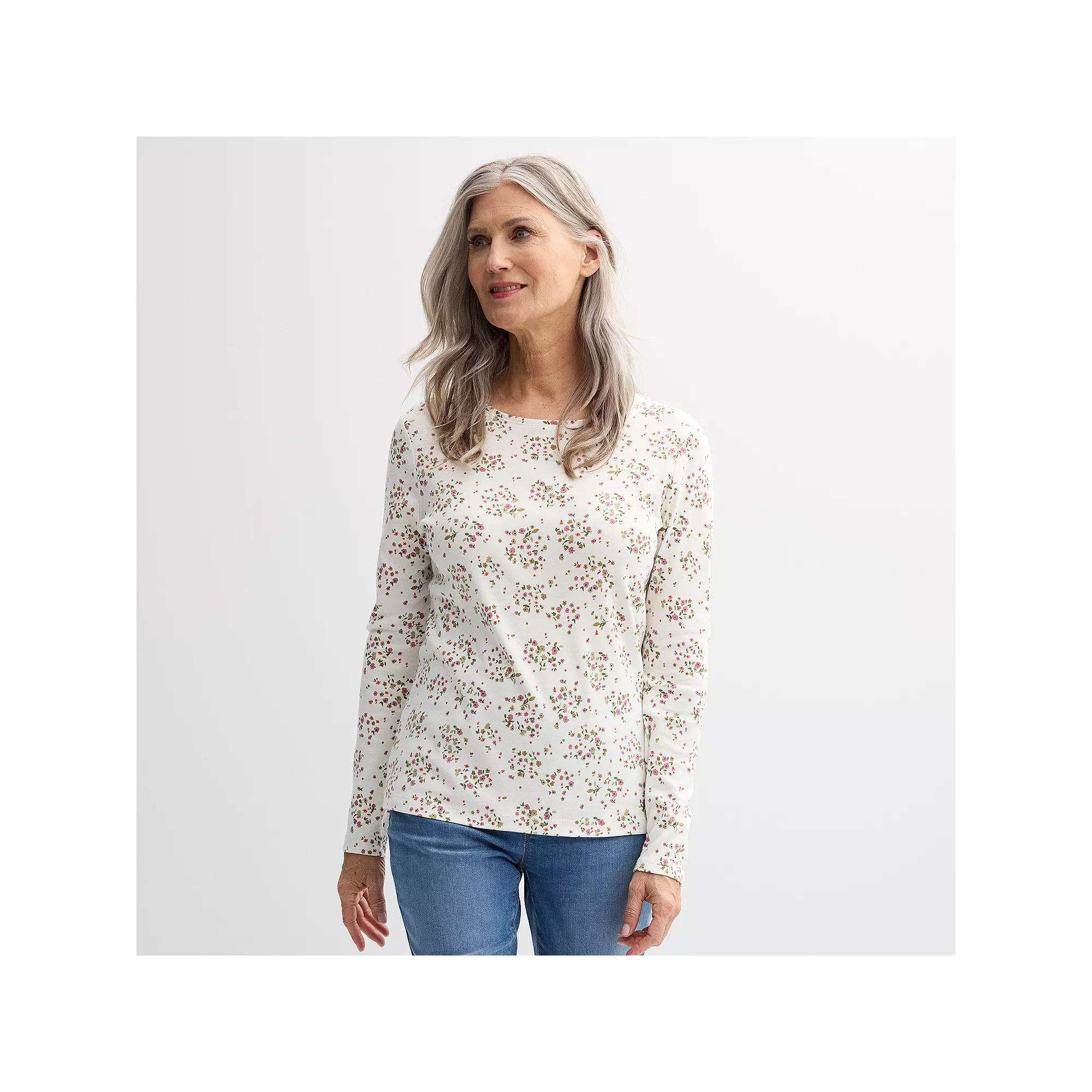 Women's Croft & Barrow® Essential Long-Sleeve Crewneck Tee, Size: Medium, Ivory Garden Floral Product Image
