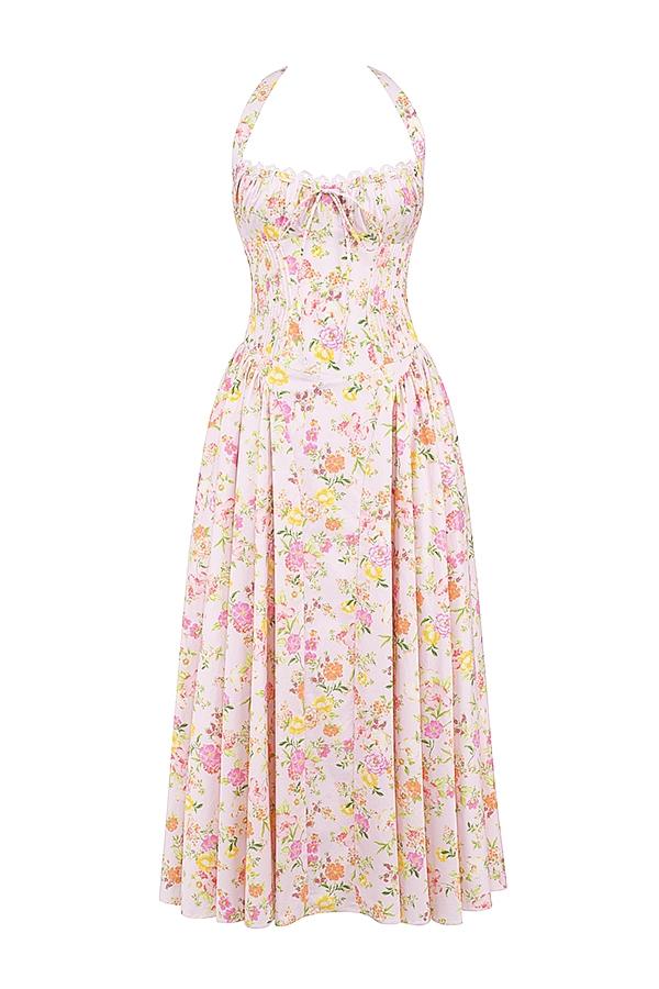 Adabella  pink meadow print cotton halter midi sundress Product Image