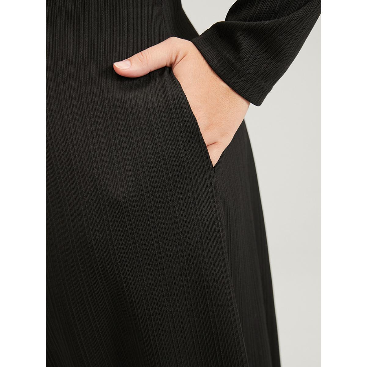 Plus Size Plain V Neck Pocket Zip Up Midi Dress Black Women Office Zipper V-neck Long Sleeve Curvy Midi Dress BloomChic 12/L Product Image