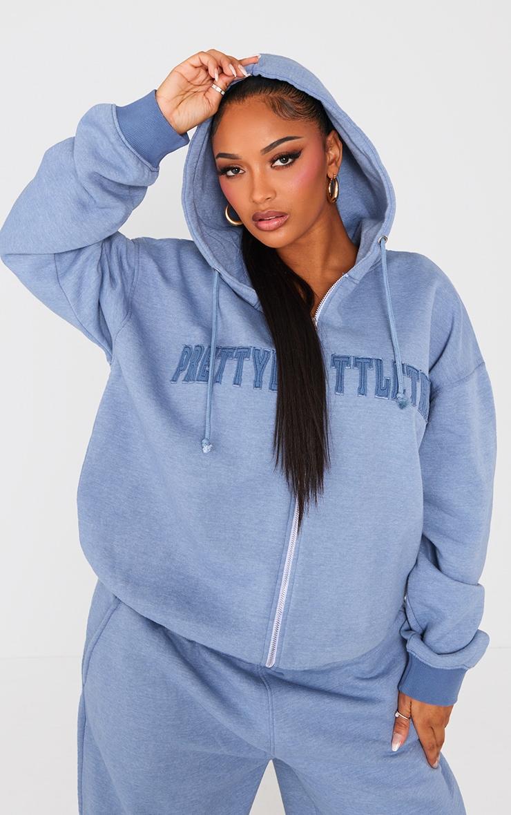 PRETTYLITTLETHING Shape Petrol Blue Embroidery Washed Zip Through Hoodie Product Image