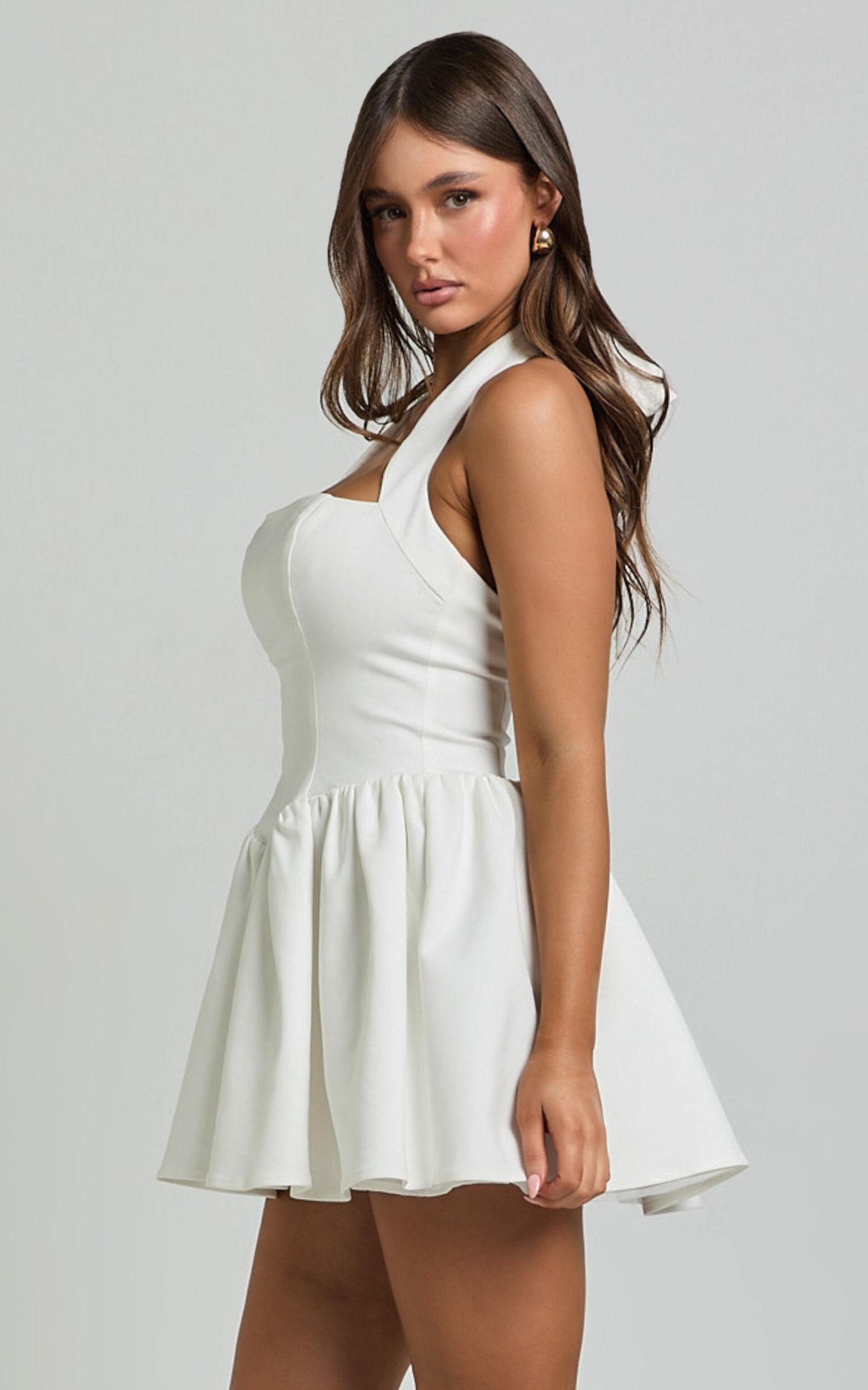 Helda Mini Dress - Halter Tie Neck Corset Panel Dress in White Product Image