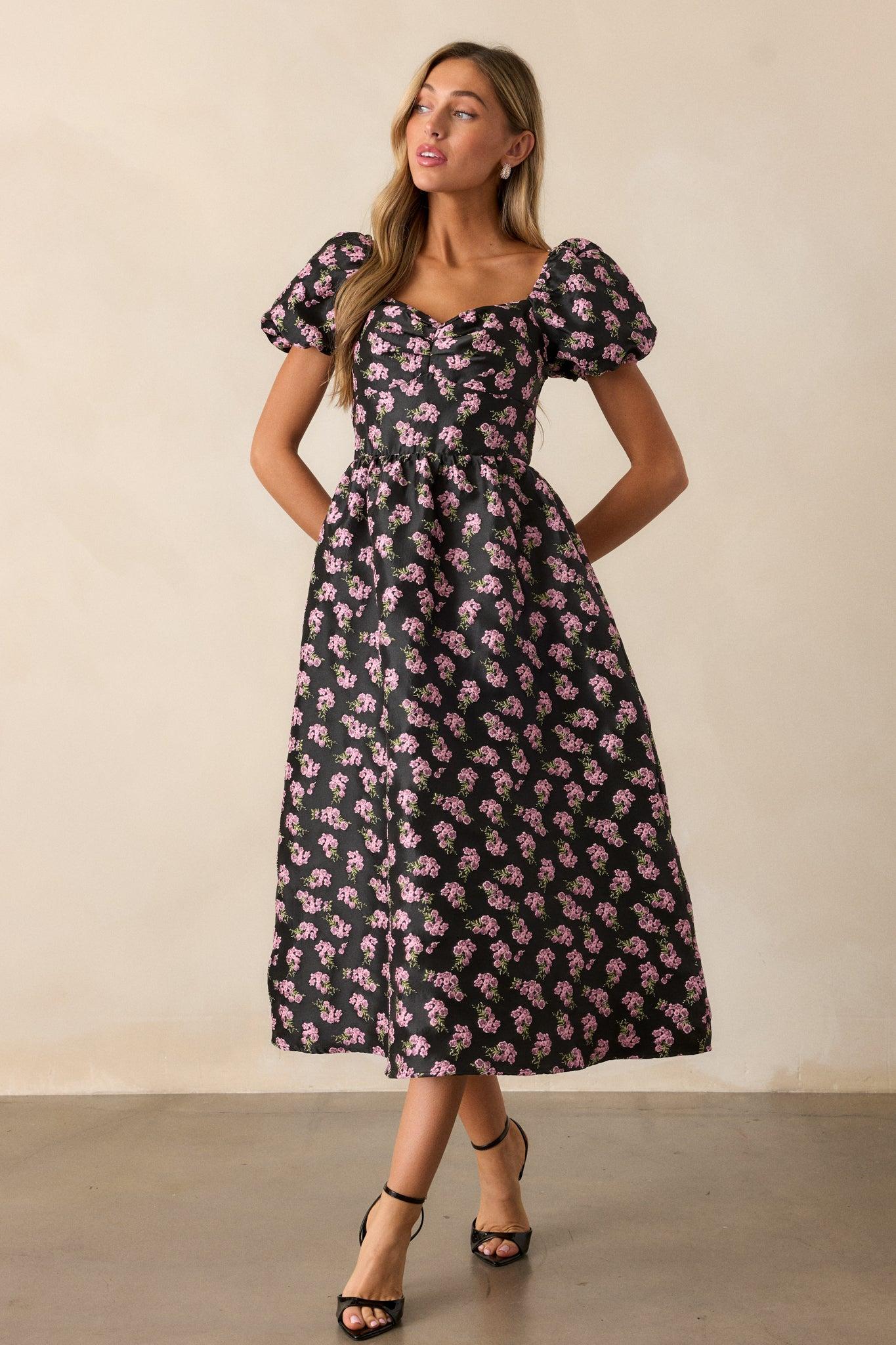 Time Flies Black Floral Jacquard Puff Sleeve Midi Dress Product Image
