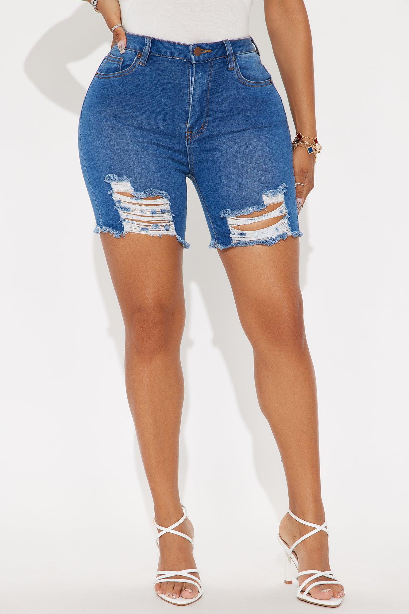 It's All Good Ripped Denim Bermuda Shorts - Medium Wash Product Image