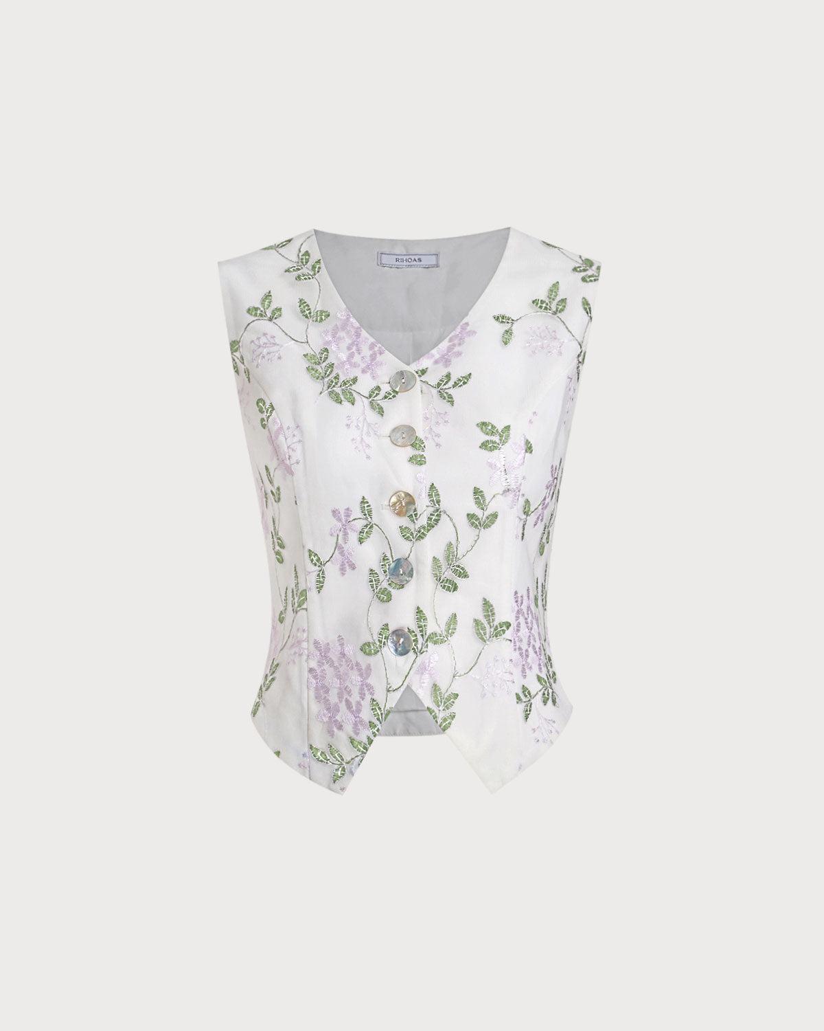 White Embroidery V Neck Button Vest Product Image