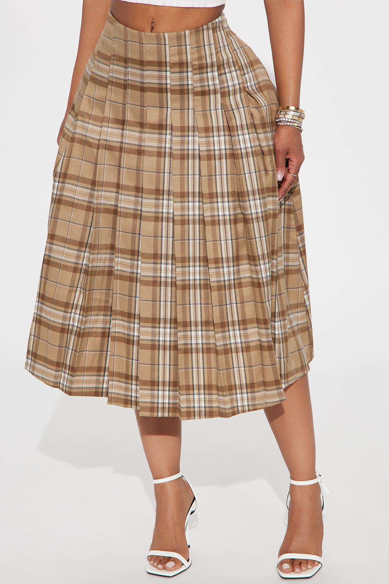 Tasha Pleated Plaid Midi Skirt - Taupe/combo Product Image