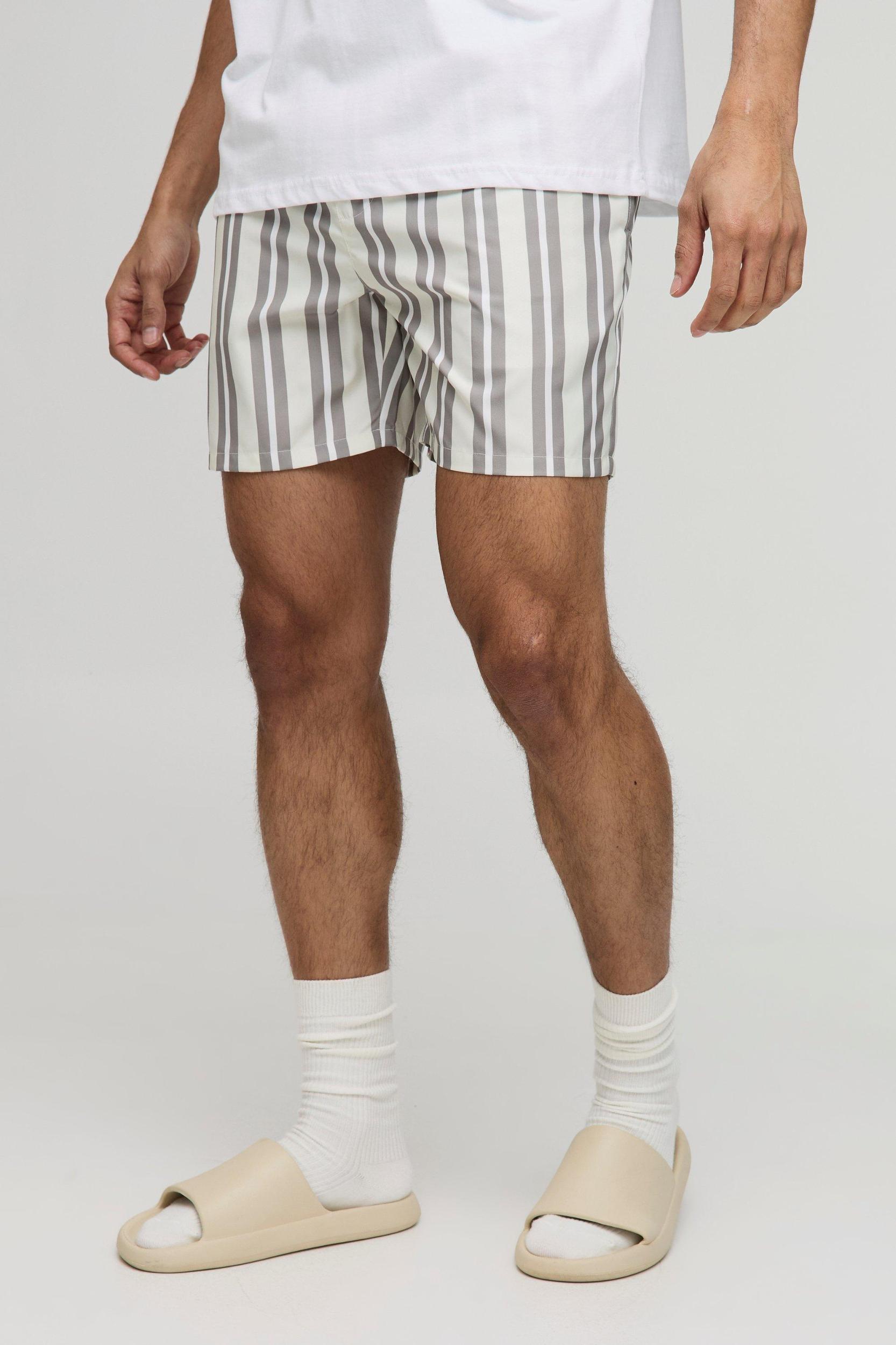 Regular Mid Length Stripe Swim Trunks | boohooMAN USA Product Image