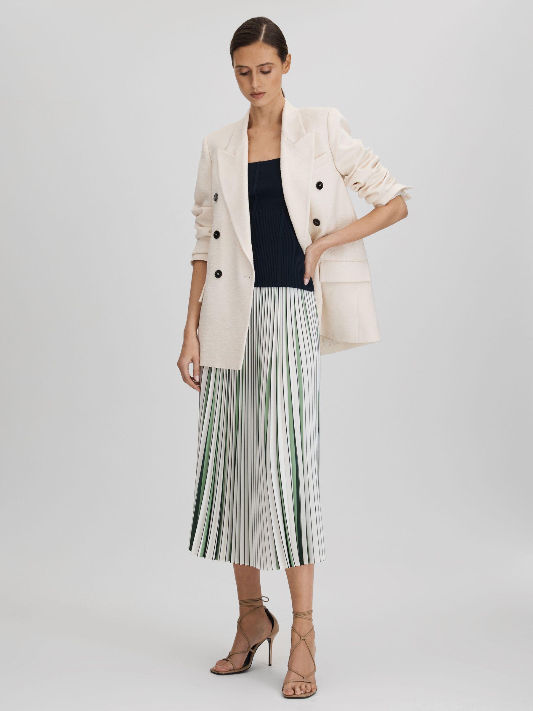 Pleated Striped Midi Skirt in Green/Cream Product Image