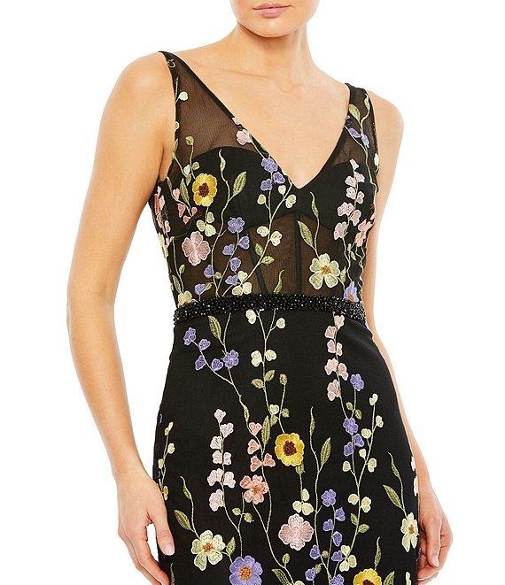 Mac Duggal Floral Embroidered Tulle Sleeveless V-Neck A-Line Gown Product Image