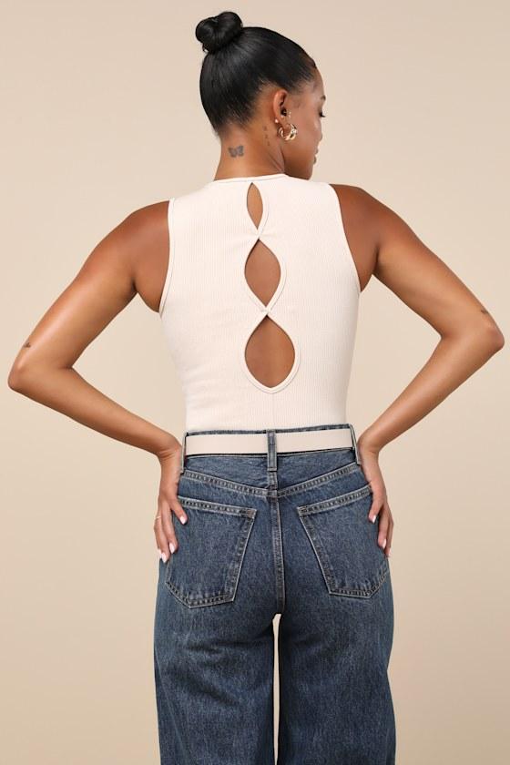 Essential Pick Cream Ribbed Knit Cutout Sleeveless Bodysuit Product Image