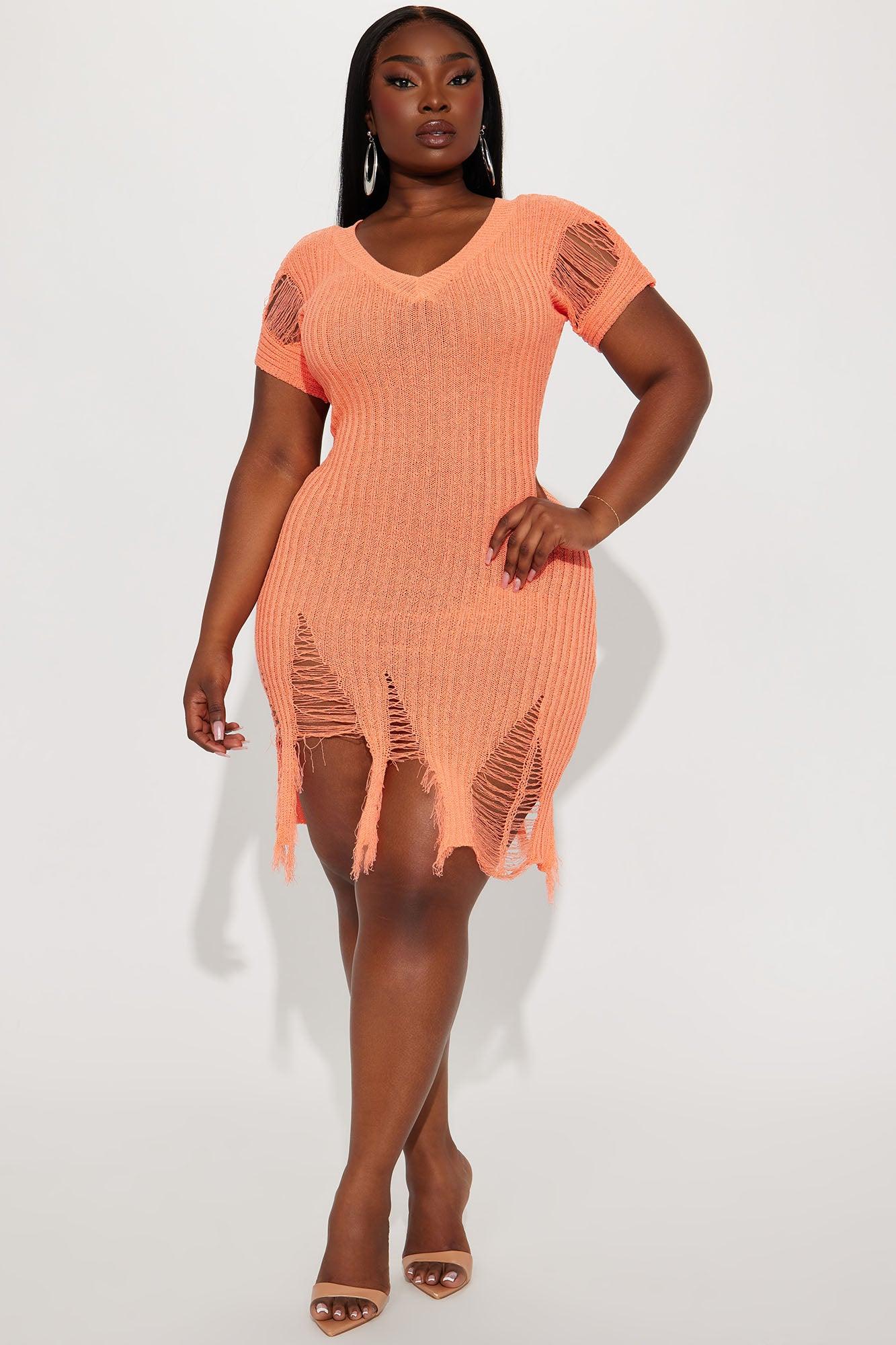 Distressed Sweater Mini Dress - Neon Orange Product Image