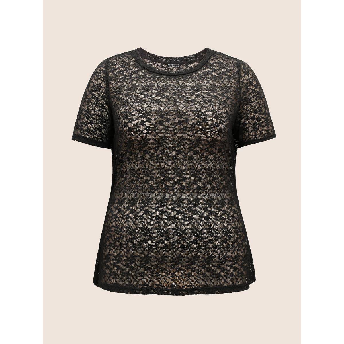 Plus Size Crochet Lace Mesh Crew Neck T-shirt Black Women Elegant See through Round Neck Bodycon Everyday T-shirts BloomChic 12/L Product Image