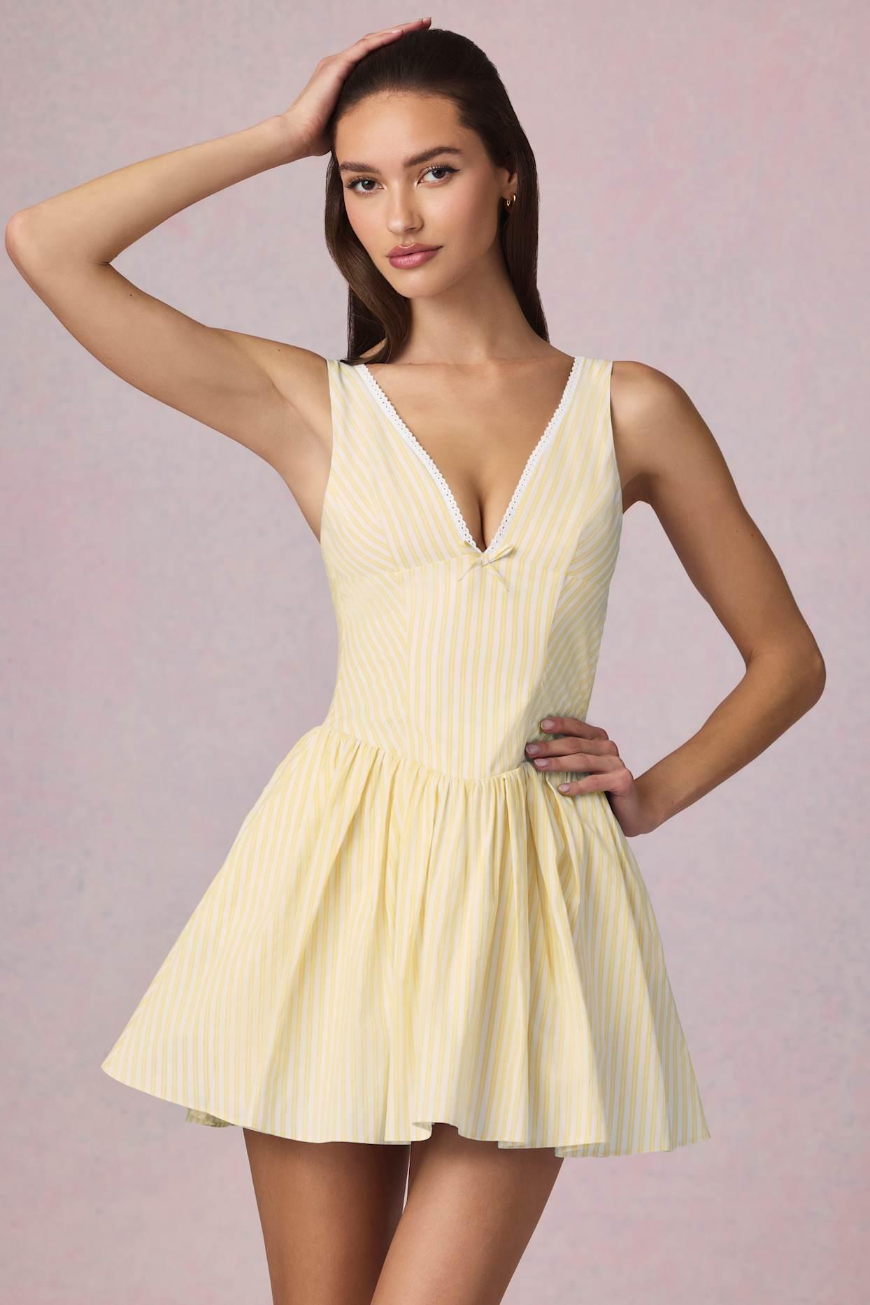 Bow-Detail A-Line Mini Dress in Lemon Yellow Stripe Product Image