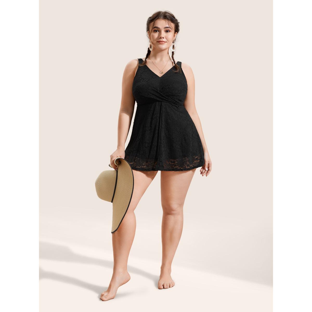 Plus Size V Neck Lace Insert Gathered Swim Top Women's Swimwear Black Beach Twist High stretch Bodycon V-neck Curve Swim Tops BloomChic 28/5X Product Image
