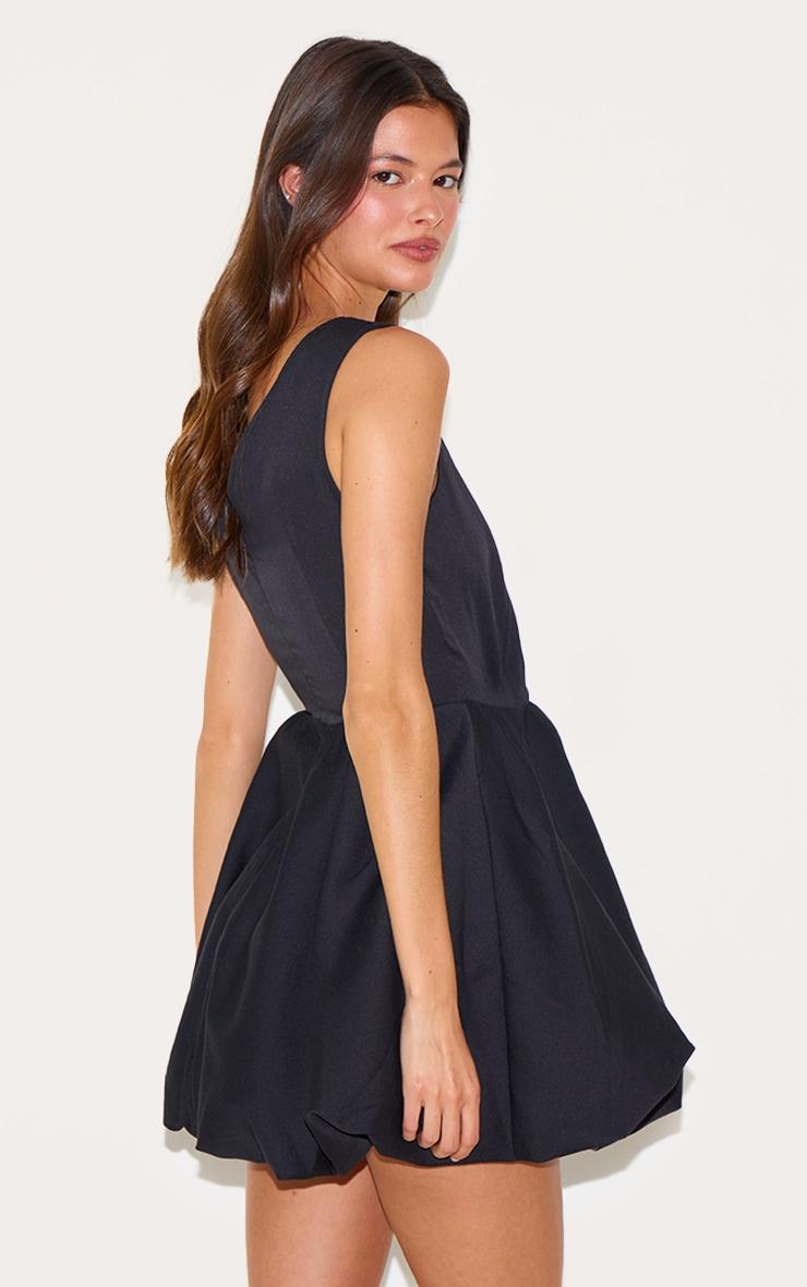 Black Tailored V Neck Puffball Mini Dress Product Image