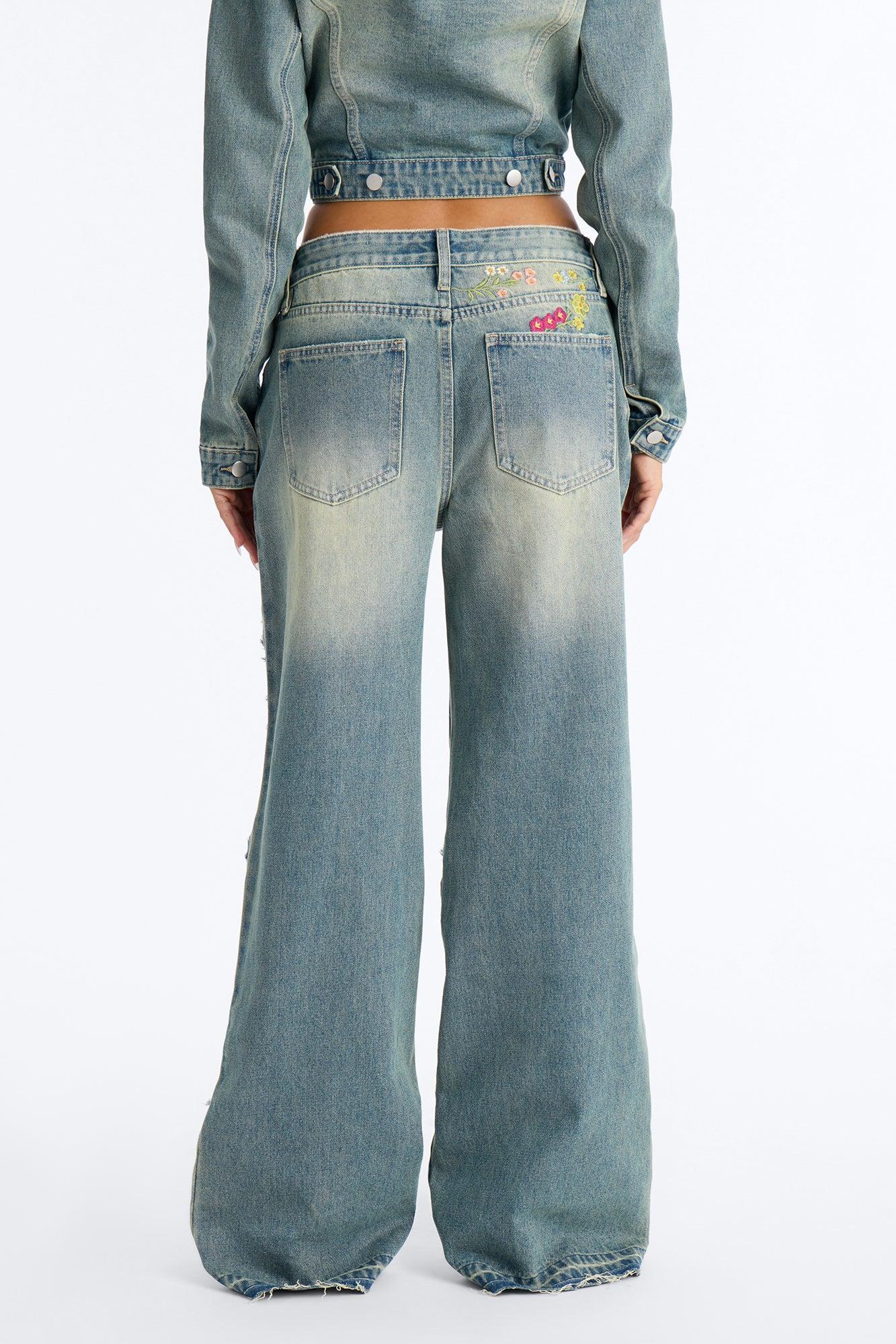 Enchanted Garden Embroidered Ripped Jeans - Vintage Wash Female Product Image