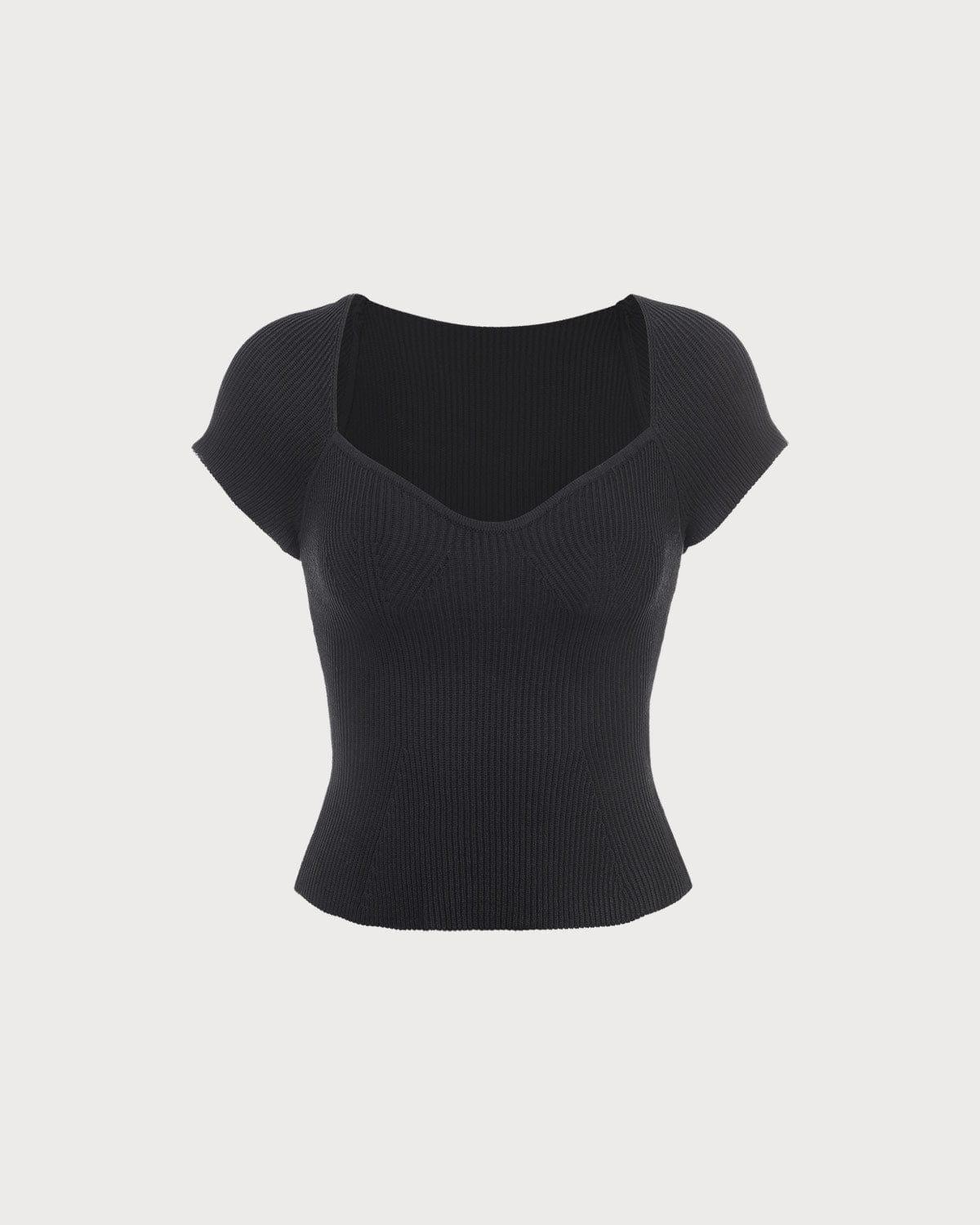 The Black Square Neck Short Sleeve Knit Top Product Image