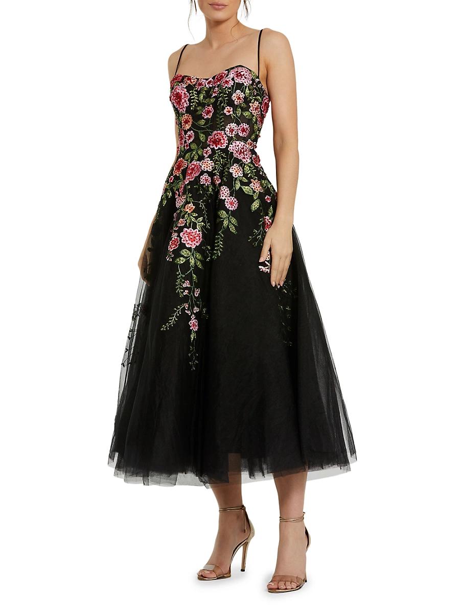 Womens Cocktail Floral Embroidered Tulle Midi-Dress Product Image