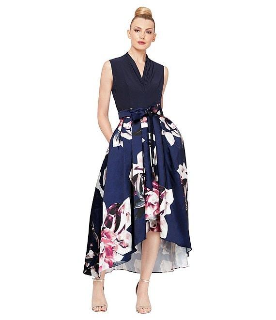 Ignite Evenings Floral Print Mikado Tie Waist V-Neck Sleeveless High-Low Midi Dress Product Image