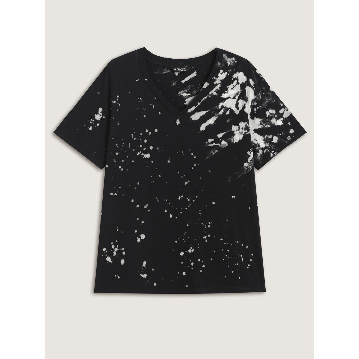 Plus Size Cotton Tie-Dye Stretchy V-Neck T-Shirt Black Women Leisure Non V-neck Casual T-shirts BloomChic 10/M Product Image