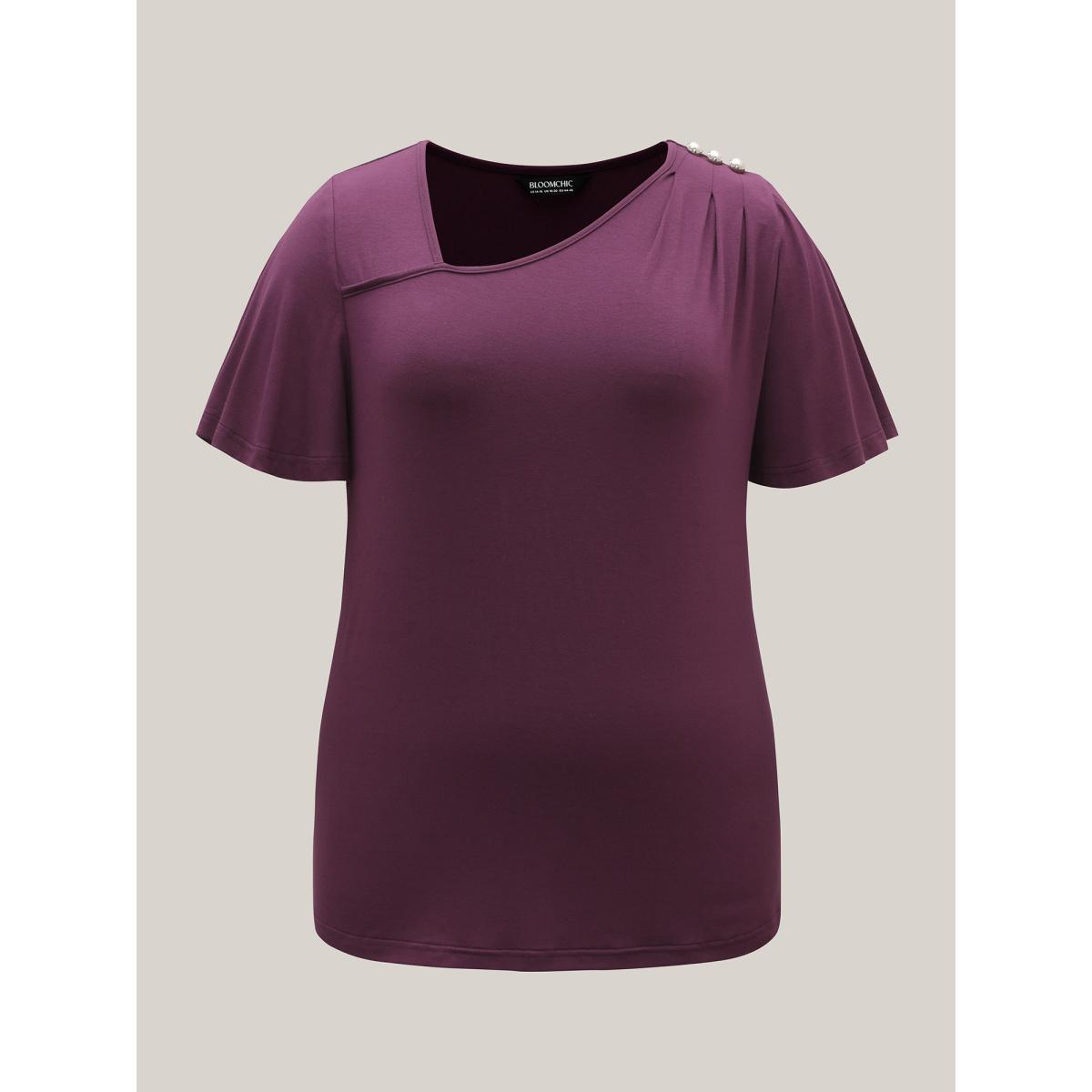 Plus Size Supersoft Asymmetrical Neckline Flutter Sleeve T-Shirt Plum Women Casual Pleated Asymmetrical Neck Everyday T-shirts BloomChic 14-16/1X Product Image