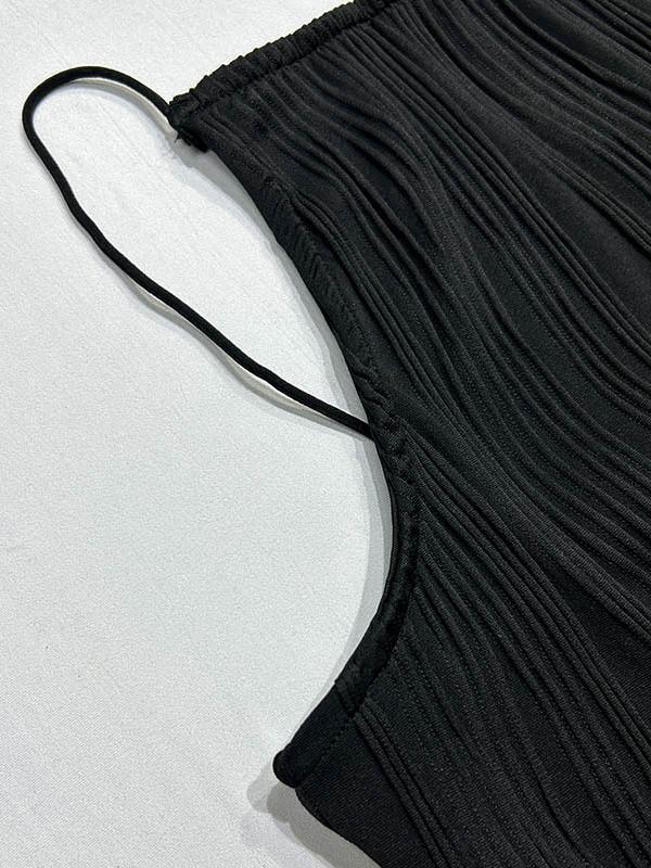 Bodycon Sleeveless Pleated Solid Color Split-Back Split-Joint Zipper Spaghetti-Neck Maxi Dresses Product Image