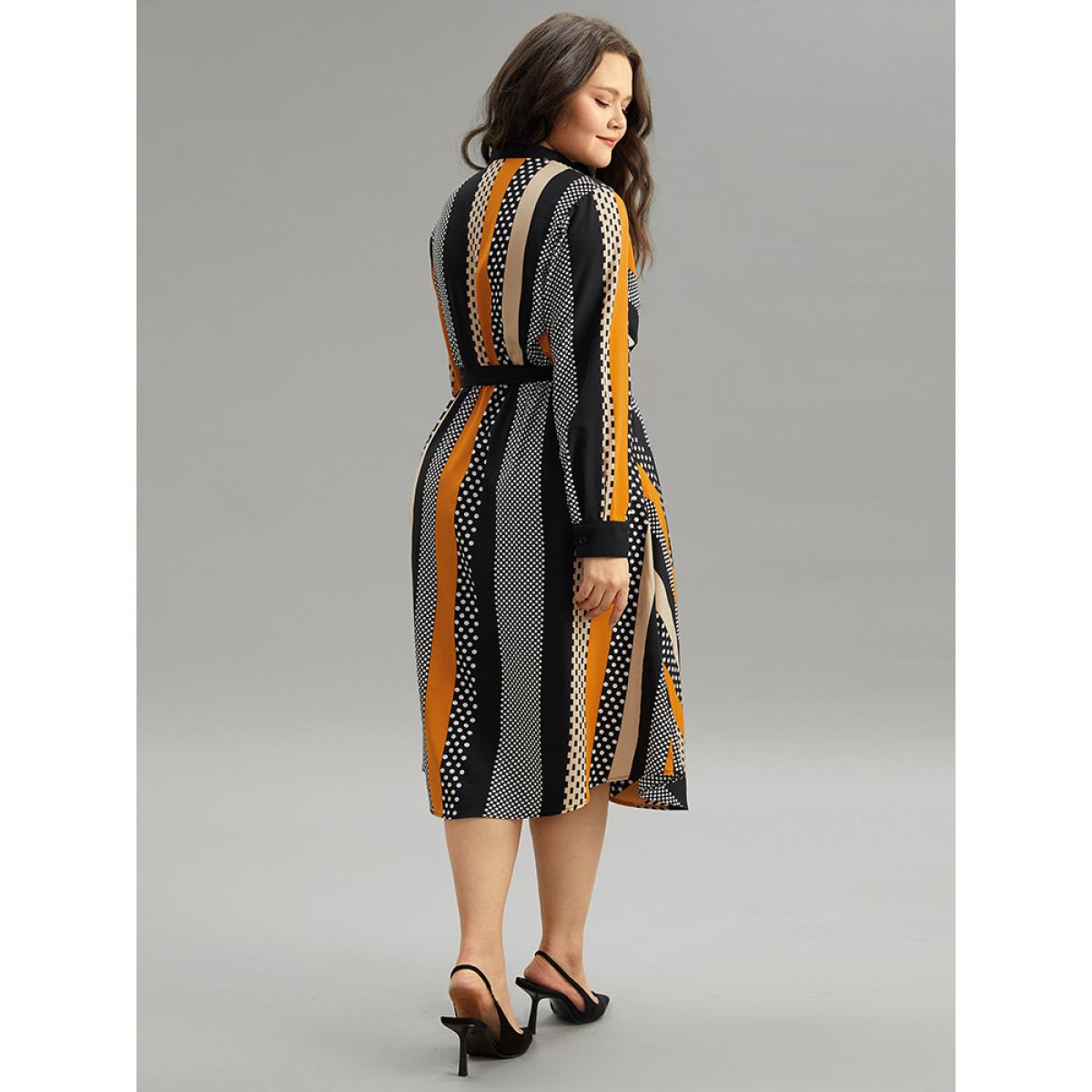 Plus Size Polka Dot Striped Belted Button Through Dress Orange Women At the Office Belted Mock Neck Long Sleeve Curvy Midi Dress BloomChic 28/5X Product Image