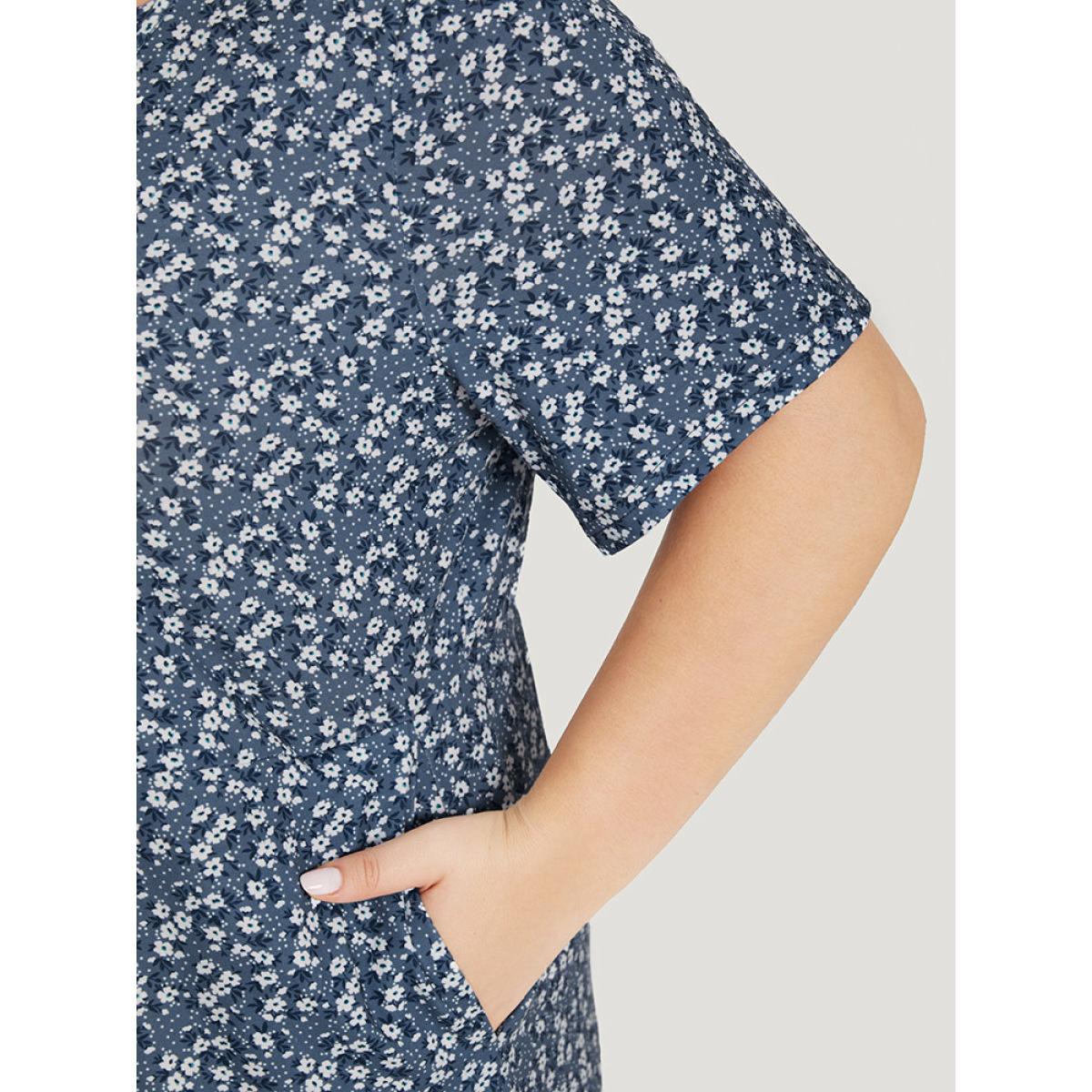 Plus Size Ditsy Floral Pocket Curved Hem Knotted Dress Stone Women Casual Arc Hem V-neck Short sleeve Curvy Midi Dress BloomChic 22-24/3X Product Image