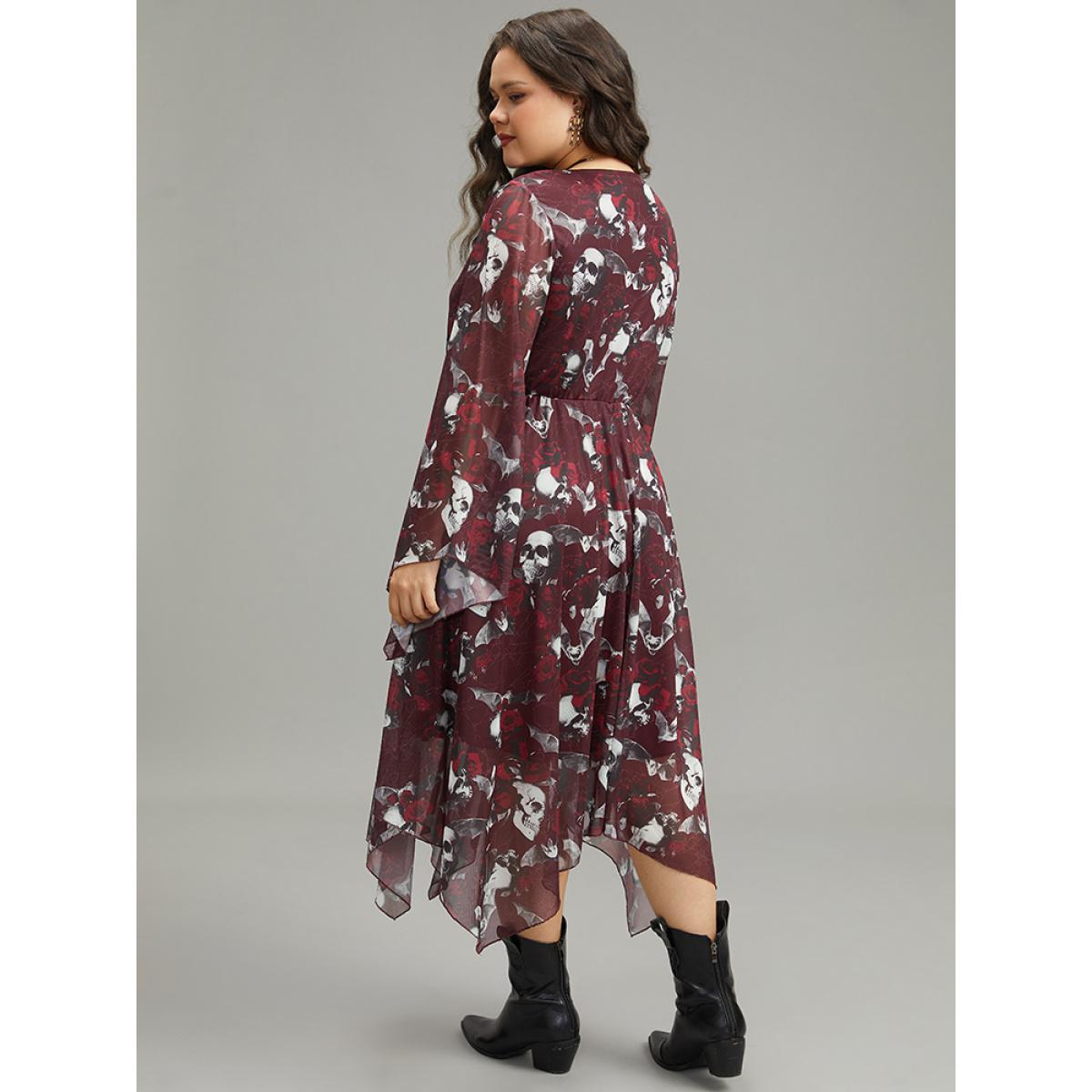 Plus Size Halloween Skull & Floral Print Bell Sleeve Dress Burgundy Women Elegant See through V-neck Long Sleeve Curvy Midi Dress BloomChic 10/M Product Image