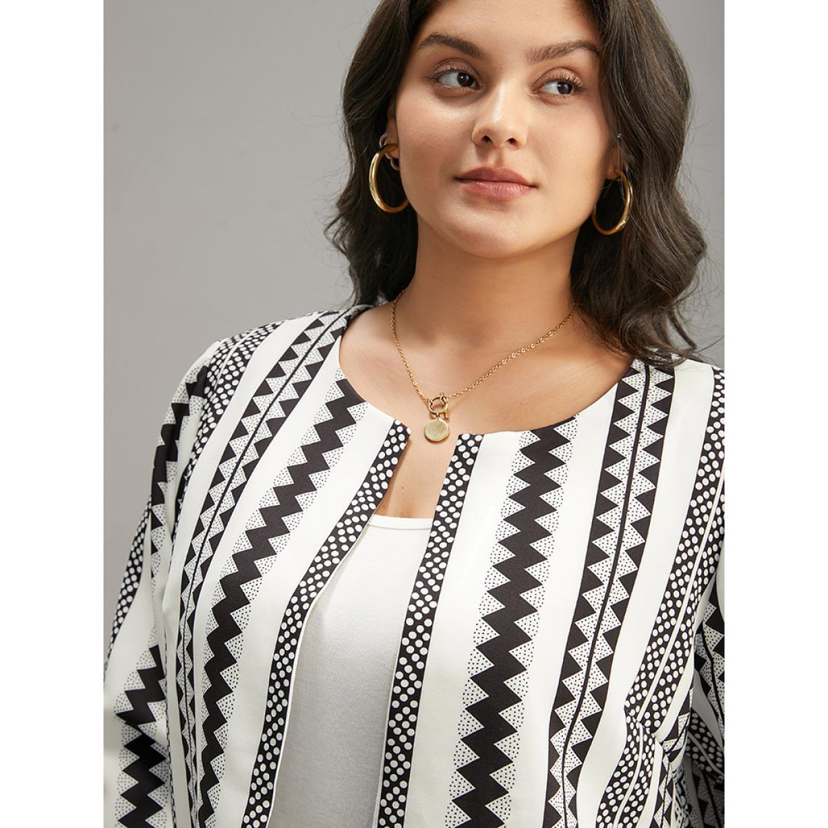 Plus Size Geometric Boho Print Open Front Jacket Women White Resort Contrast Ladies Vacation Winter Coats BloomChic 18-20/2X Product Image