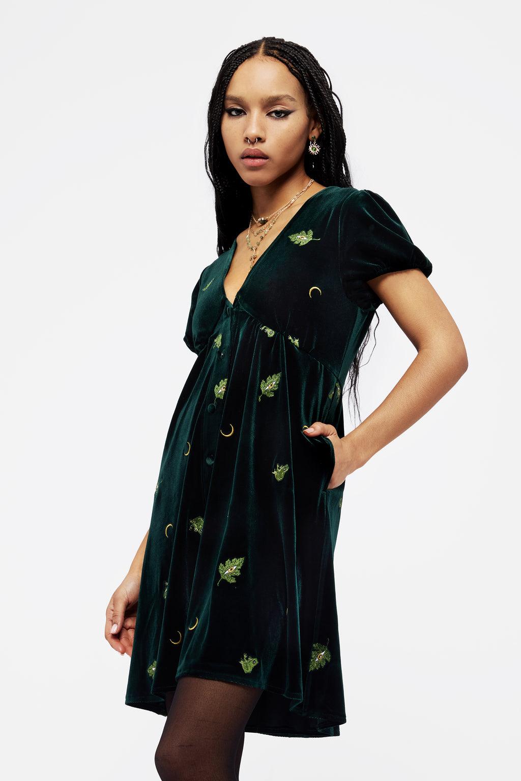 Swamplife Frog Embroidered Velour Button Up Mini Dress Product Image