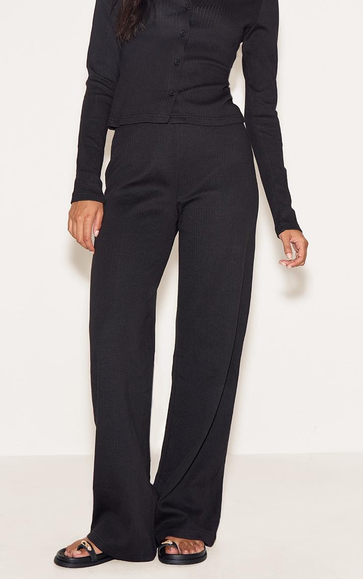 Black Mid Rise Ribbed Wide Leg Pant Product Image