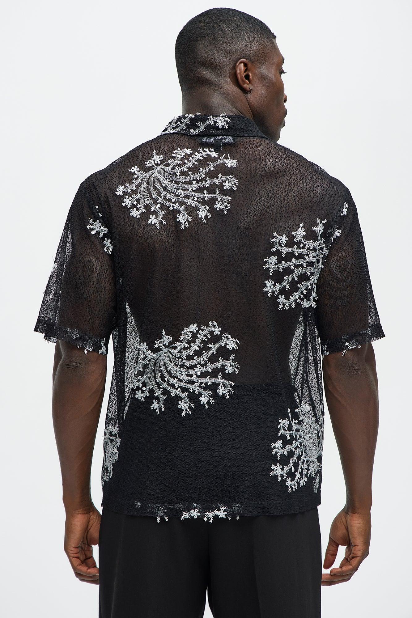 Plant Embroidered Cuban Mesh Shirt - Black Product Image