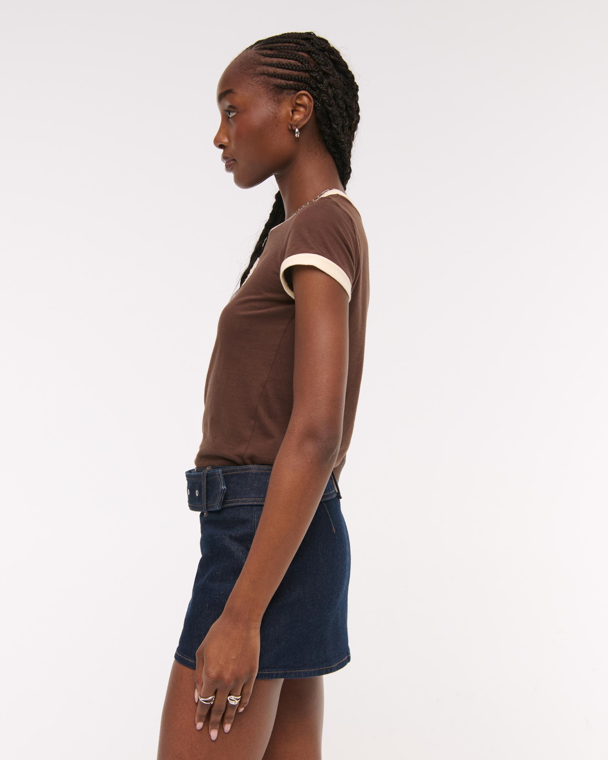 Mid Rise Belted Denim Mini Skort Product Image