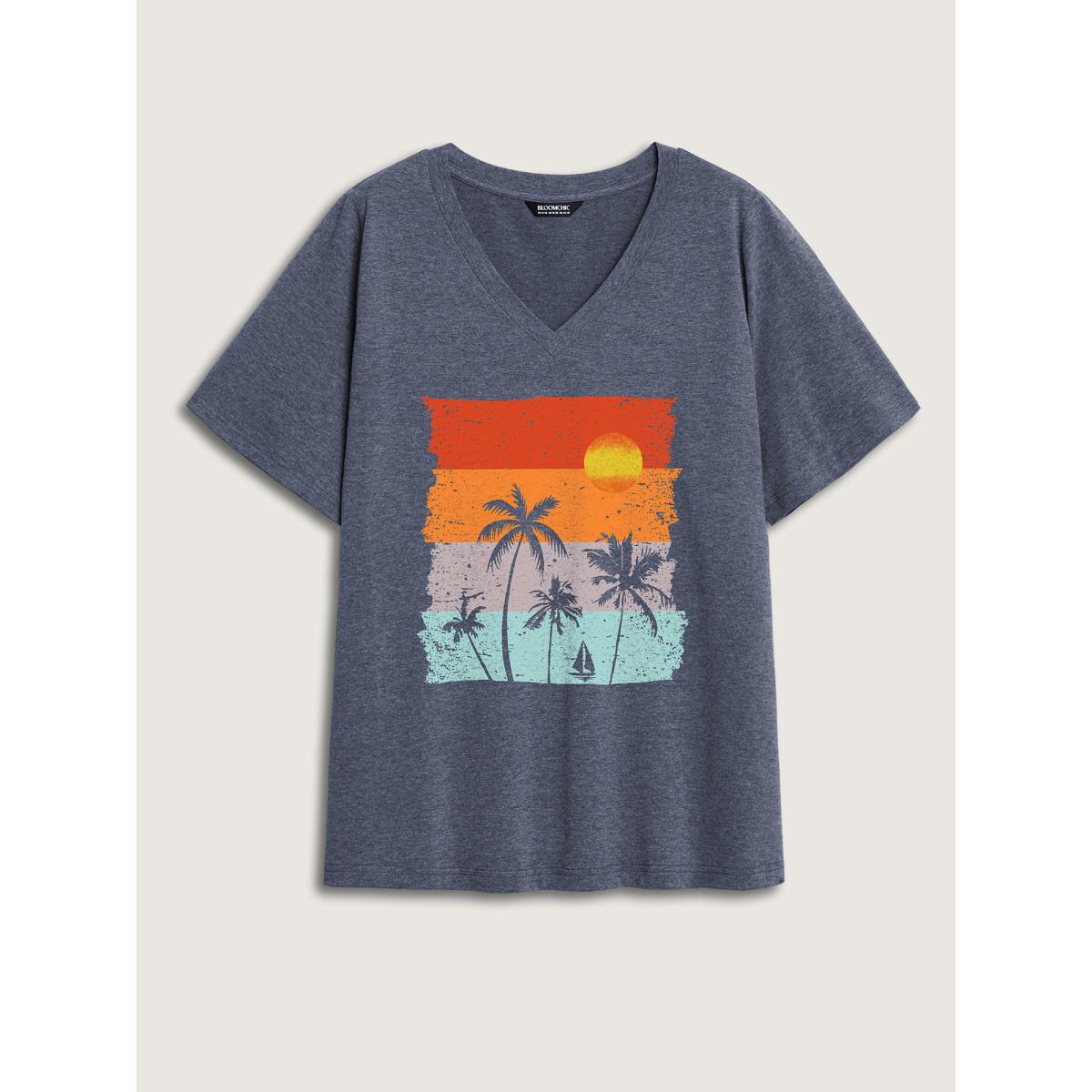 Plus Size Island Vibes V-Neck T-Shirt Indigo Women Non Marine V-neck Everyday-Casual T-shirts BloomChic 10/M Product Image