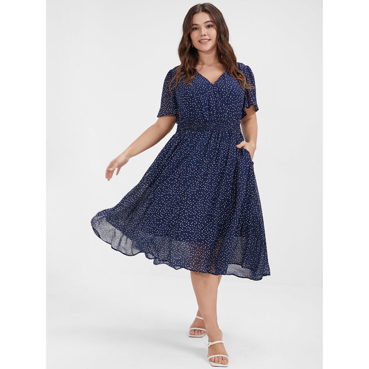 Polka Dot Button Pocket Shirred Ruffles Wrap Dress Product Image