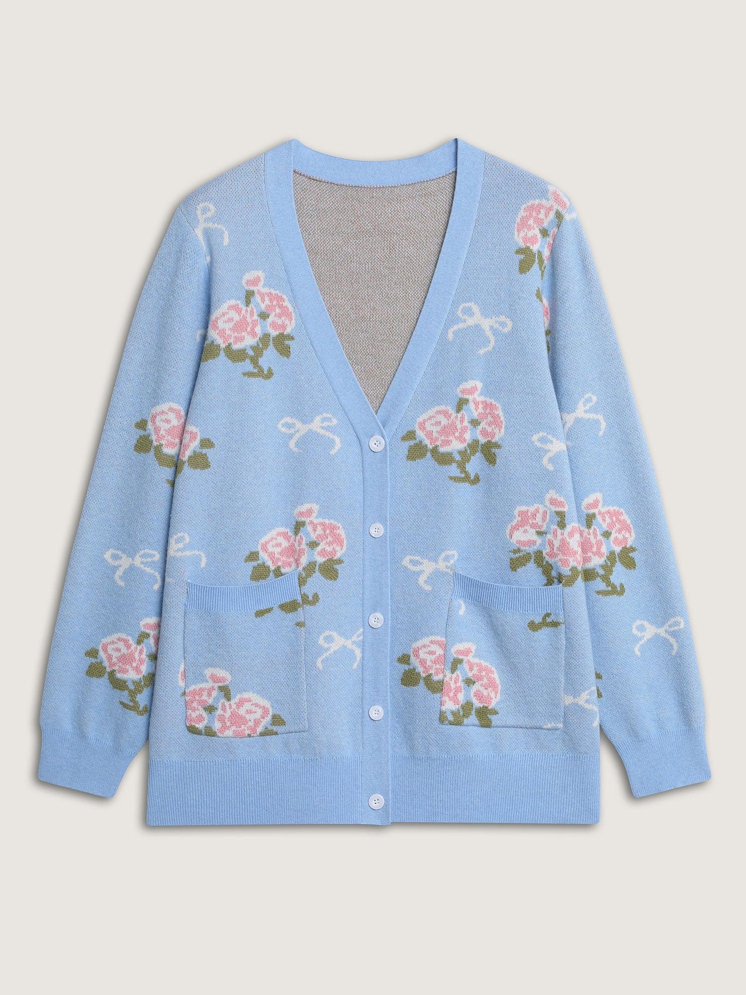Beautiful Floral Bow Pattern Jacquard Knit Cardigan Female Product Image