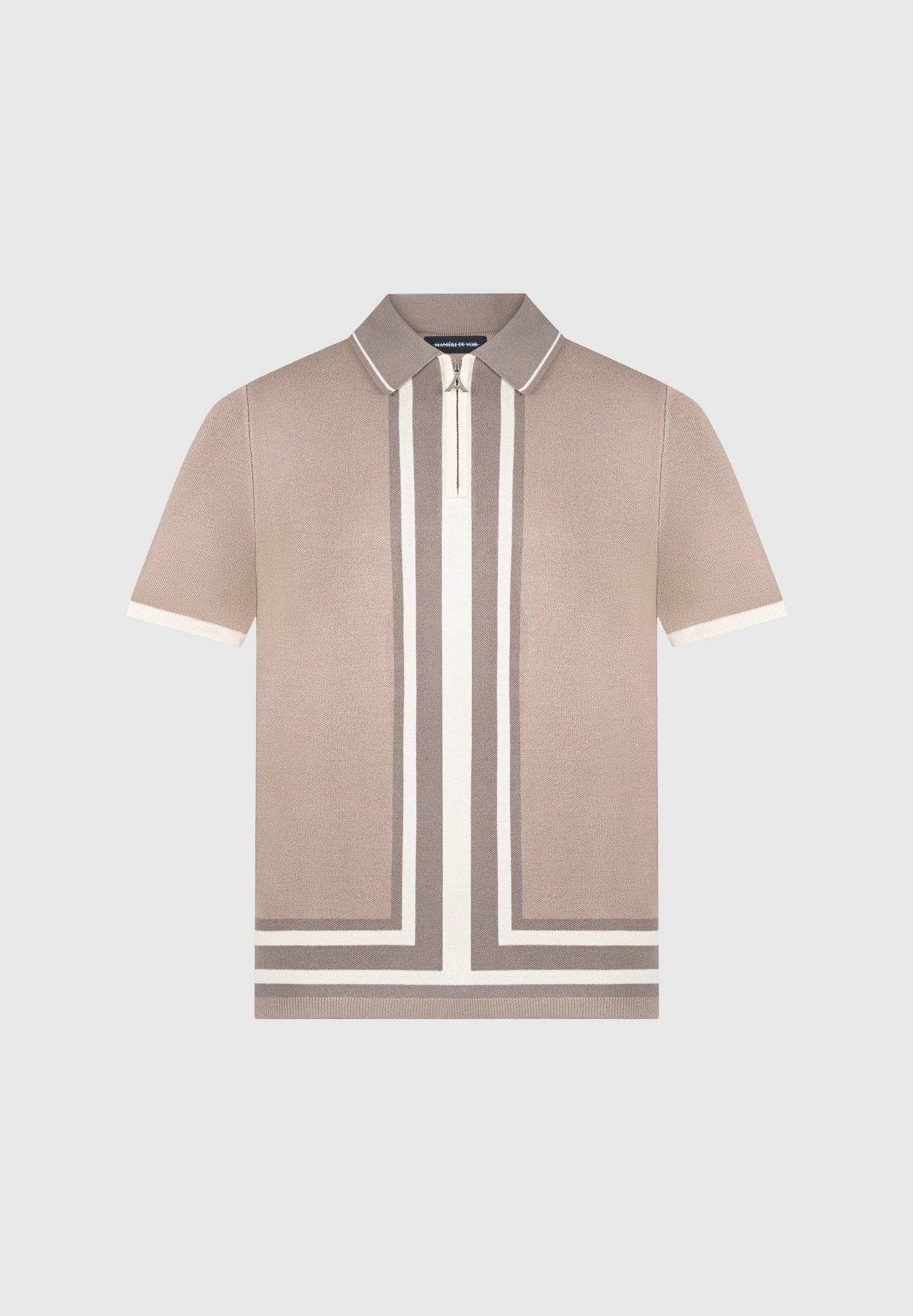 Contrast Border Knit Zip Polo Shirt - Taupe Male Product Image