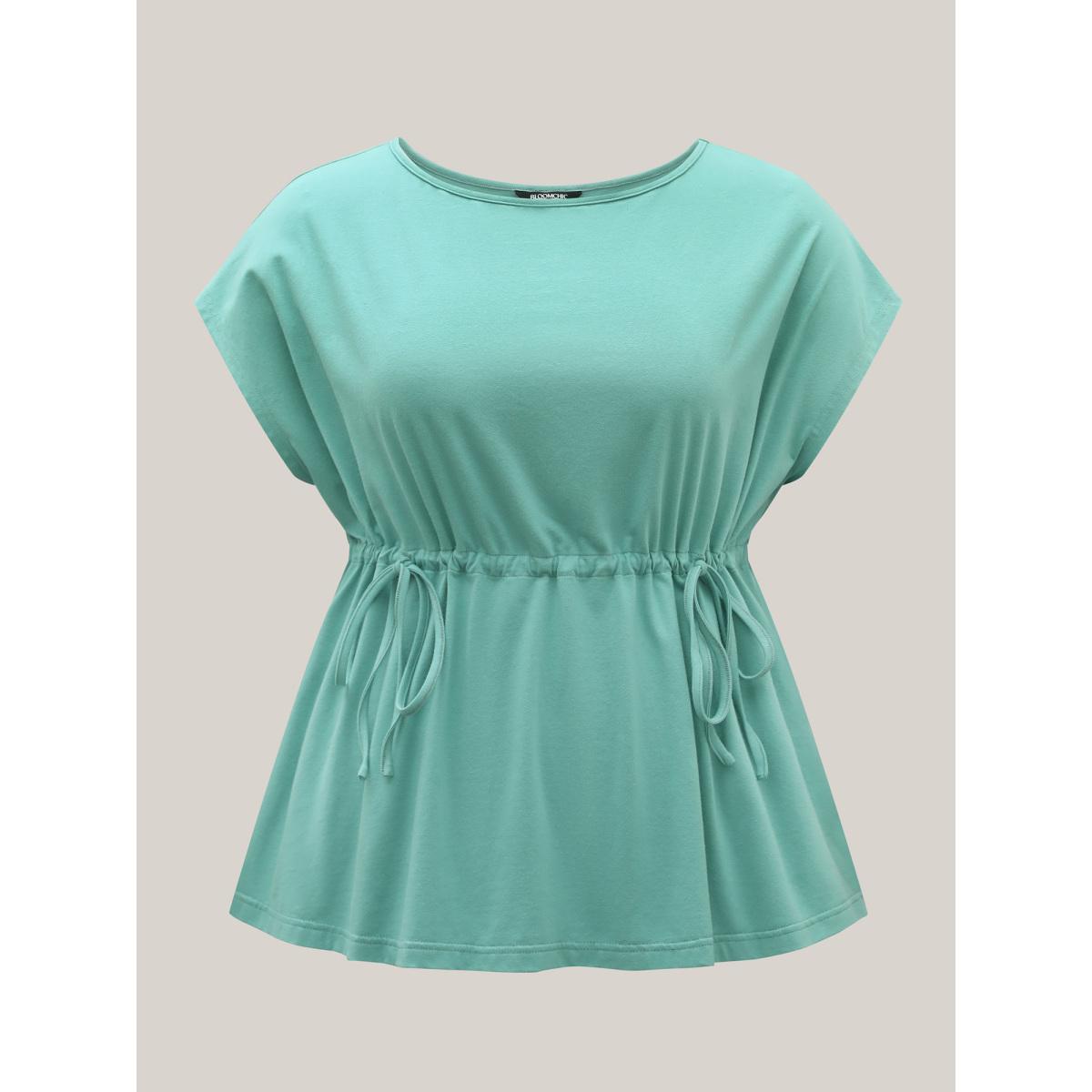 Plus Size Pure Cotton Waist-Tie Plain T-Shirt Turquoise Women Drawstring Boat Neck Vacation T-shirts BloomChic 22-24/3X Product Image