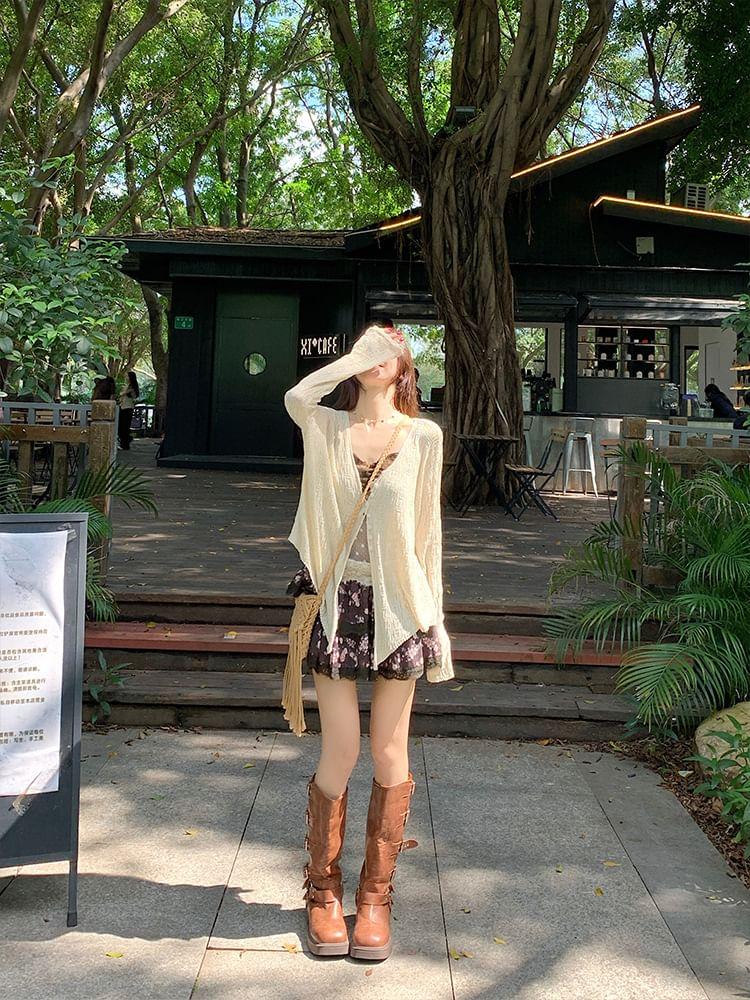 V-Neck Button-Up Plain Sheer Slit Cardigan Product Image