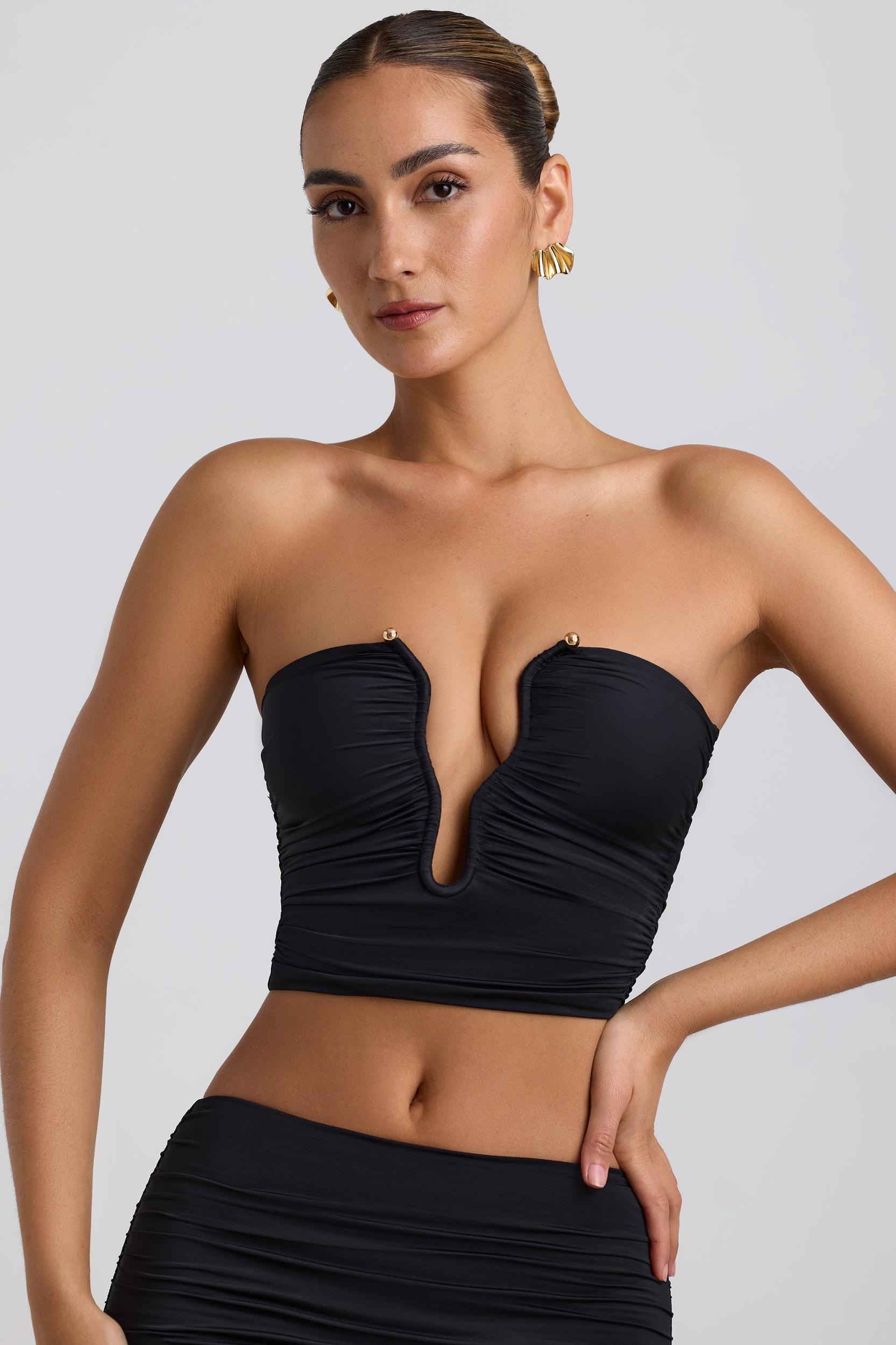 Slinky Jersey Ruched Hardware Detail Strapless Top in Black Product Image