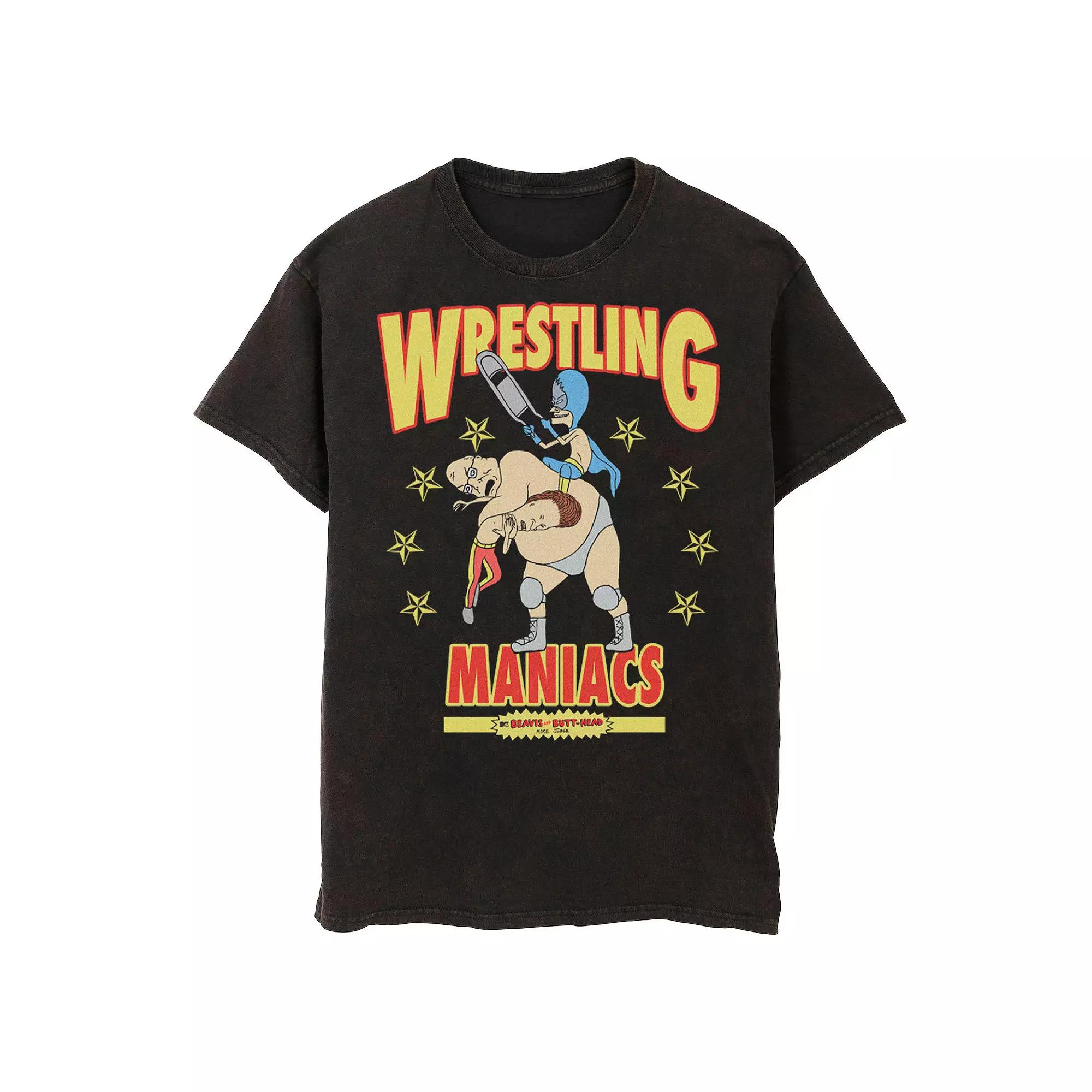 Men's Beavis And Butt-Head Wrestling Maniacs Wash Graphic Tee,  Product Image