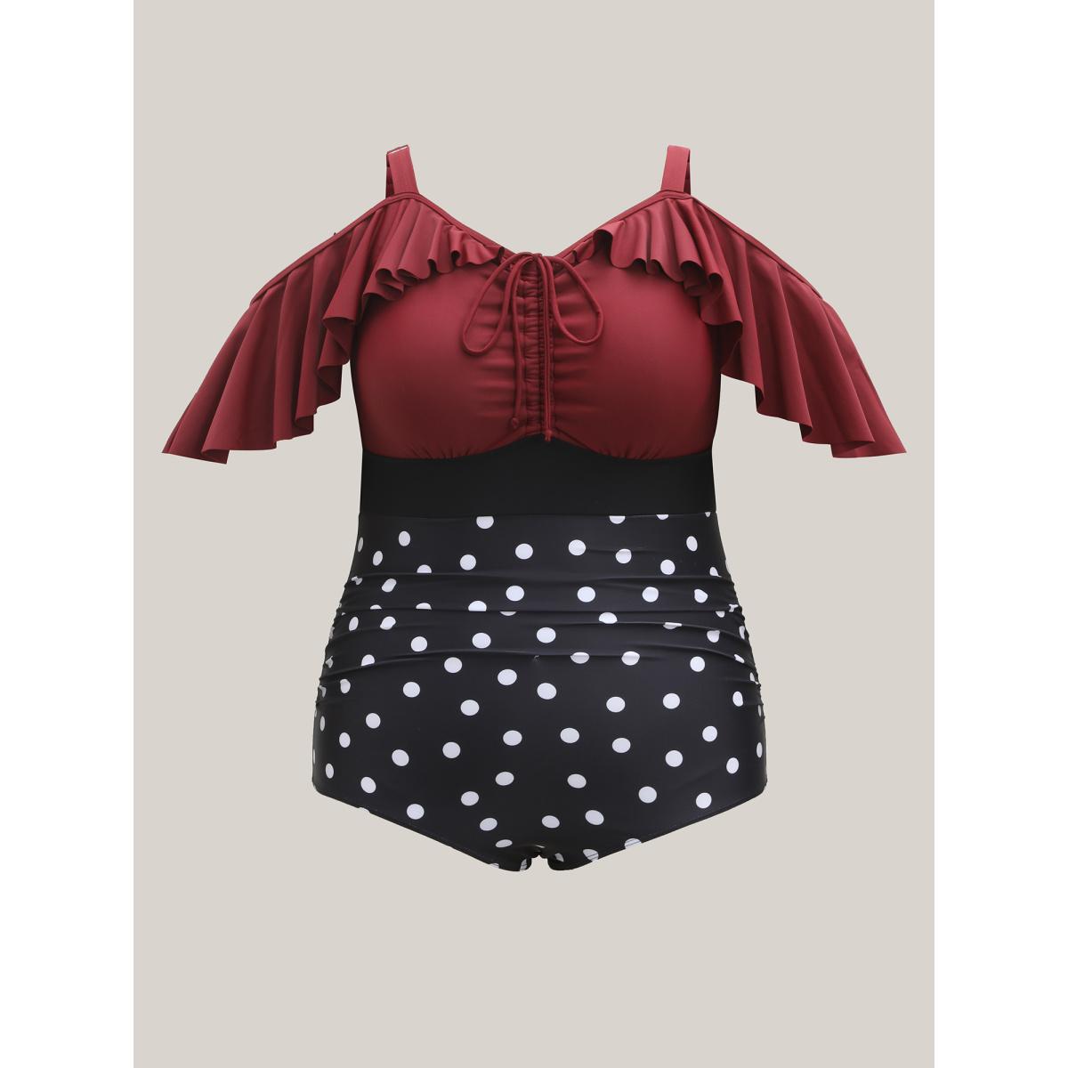 Plus Size Color Block Polka Dots One-Piece Swimsuit Women's Swimwear Deepred Beach Contrast Curve Bathing Suits High stretch One Pieces BloomChic 22-24/3X Product Image