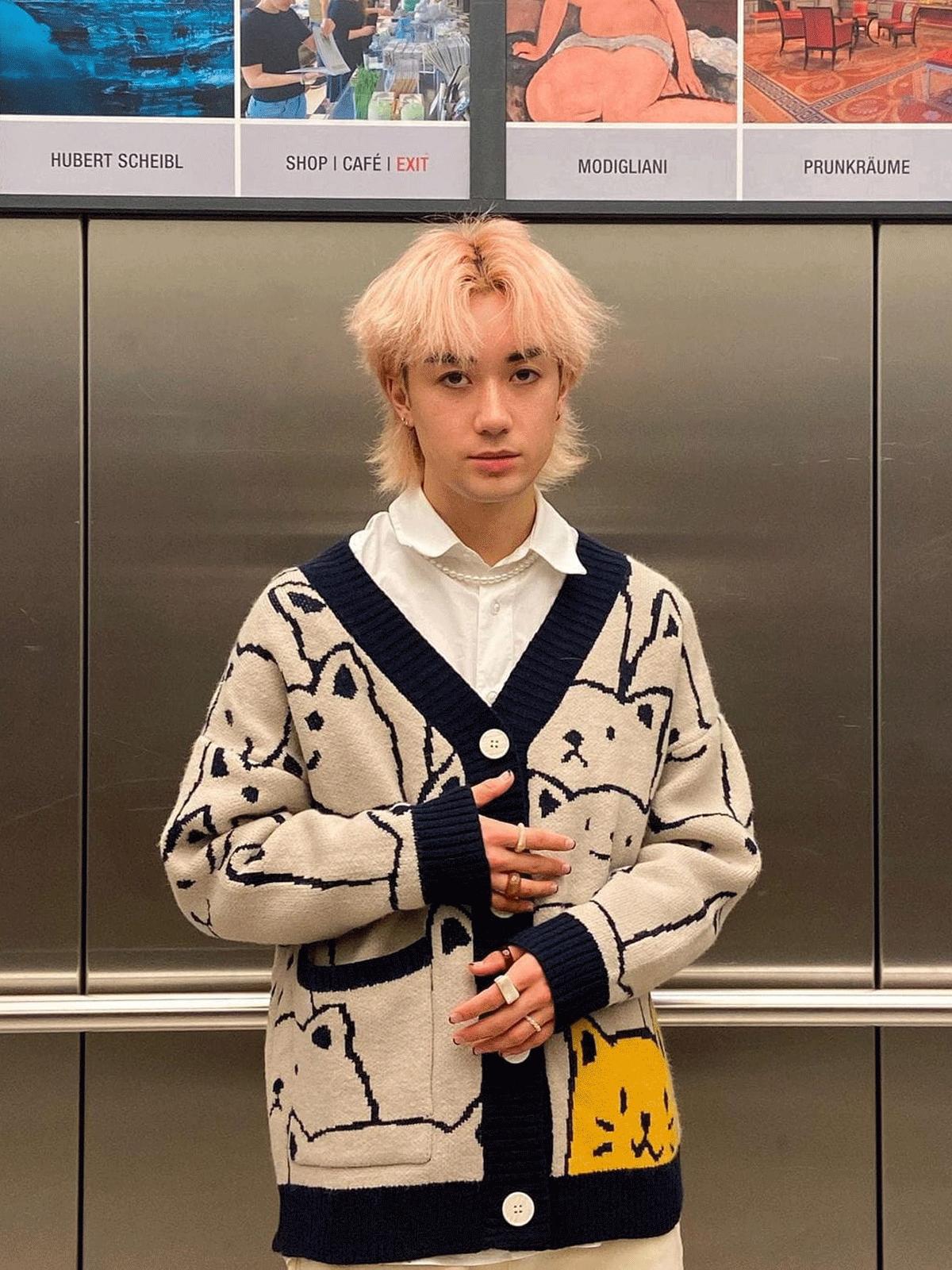 Aelfric Eden Cartoon Cat Print Knit Cardigan Product Image